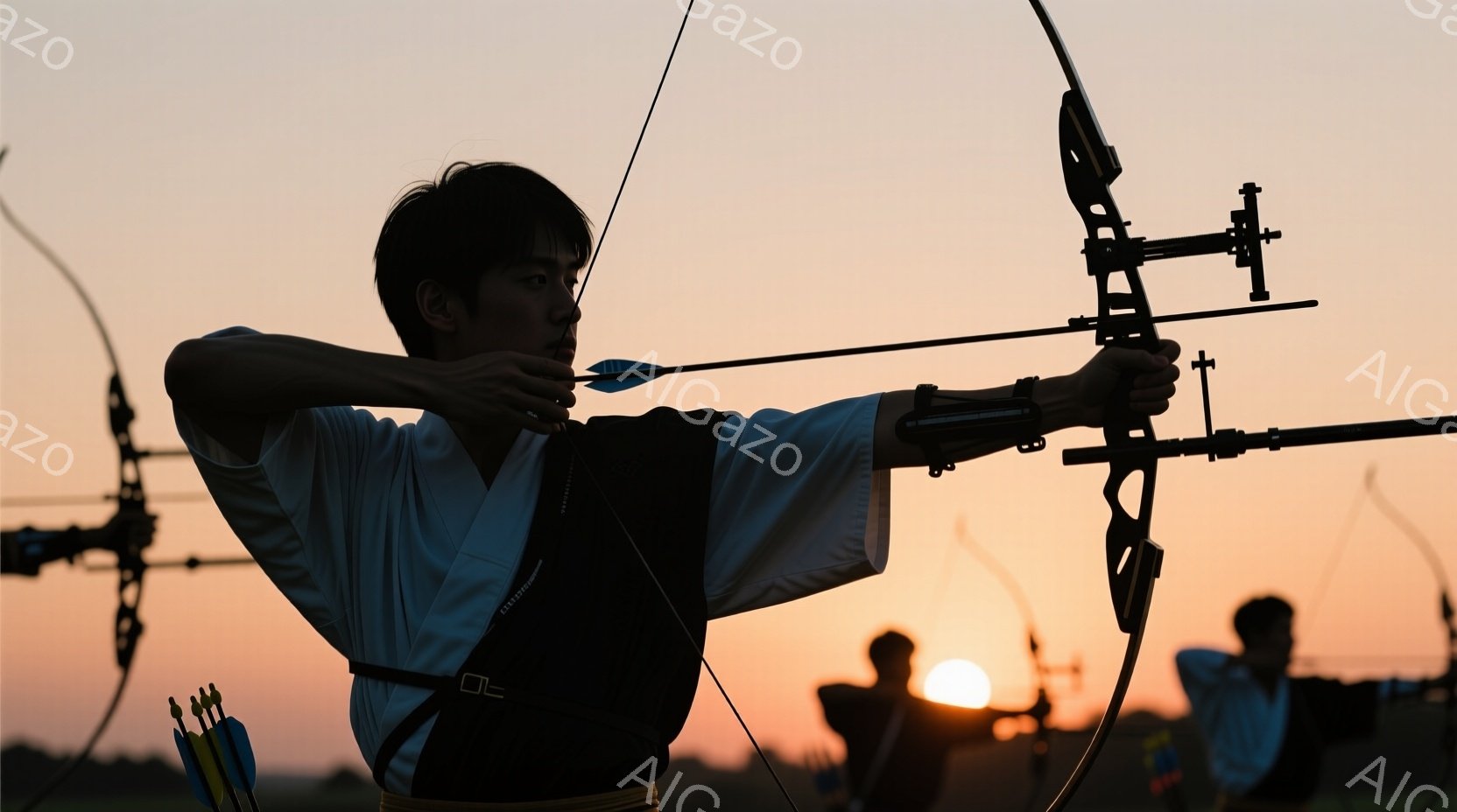 弓道家が夕焼けを背景に弓を引いている姿が捉えられている。彼は白い着物を着用し、黒いベストを身につけ、髪は短く整えられている。背景には他の弓道家たちがシルエットとなって見え、夕焼けのオレンジ色と弓の黒色 - AI生成フリー素材