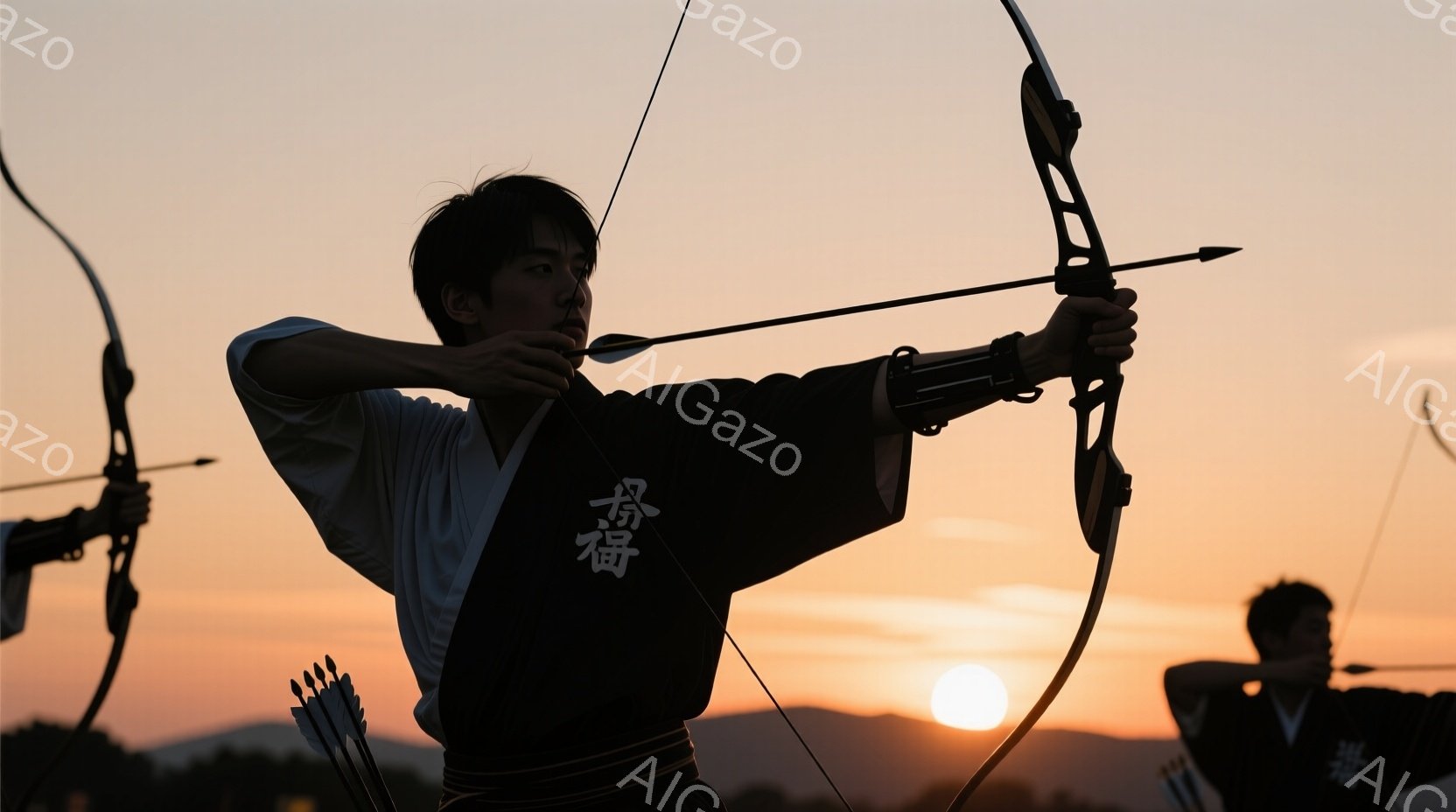 弓を構える男性がシルエットで描かれている。彼は白い襦袢の上に黒い羽織を着用し、凛々しい表情で集中して矢を放とうとしている。背景には夕焼けが広がり、山の稜線がシルエットで浮かび上がり、荘厳で静謐な雰囲気 - AI生成フリー素材