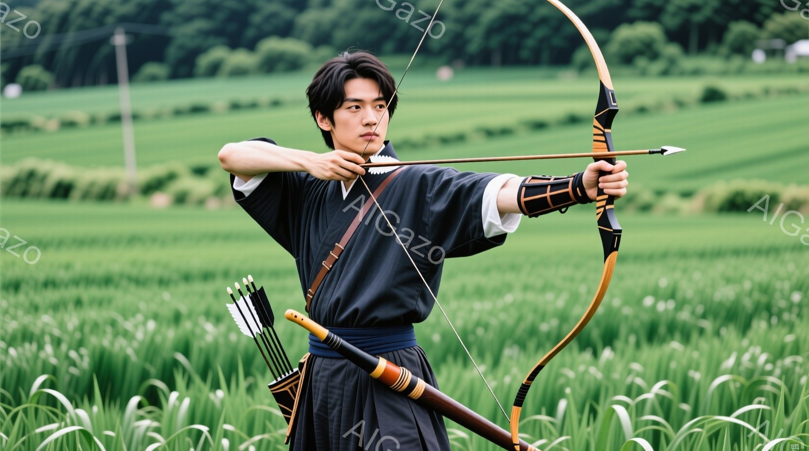 濃い緑色の草木が生い茂る野原で、弓を持つ若い男性が描かれている。彼は黒い着物と袴を身につけ、髪は短く整えられている。男性は弓を引き絞り、的に向かって射撃の準備をしている様子で、表情は真剣そのものだ。 - AI生成フリー素材