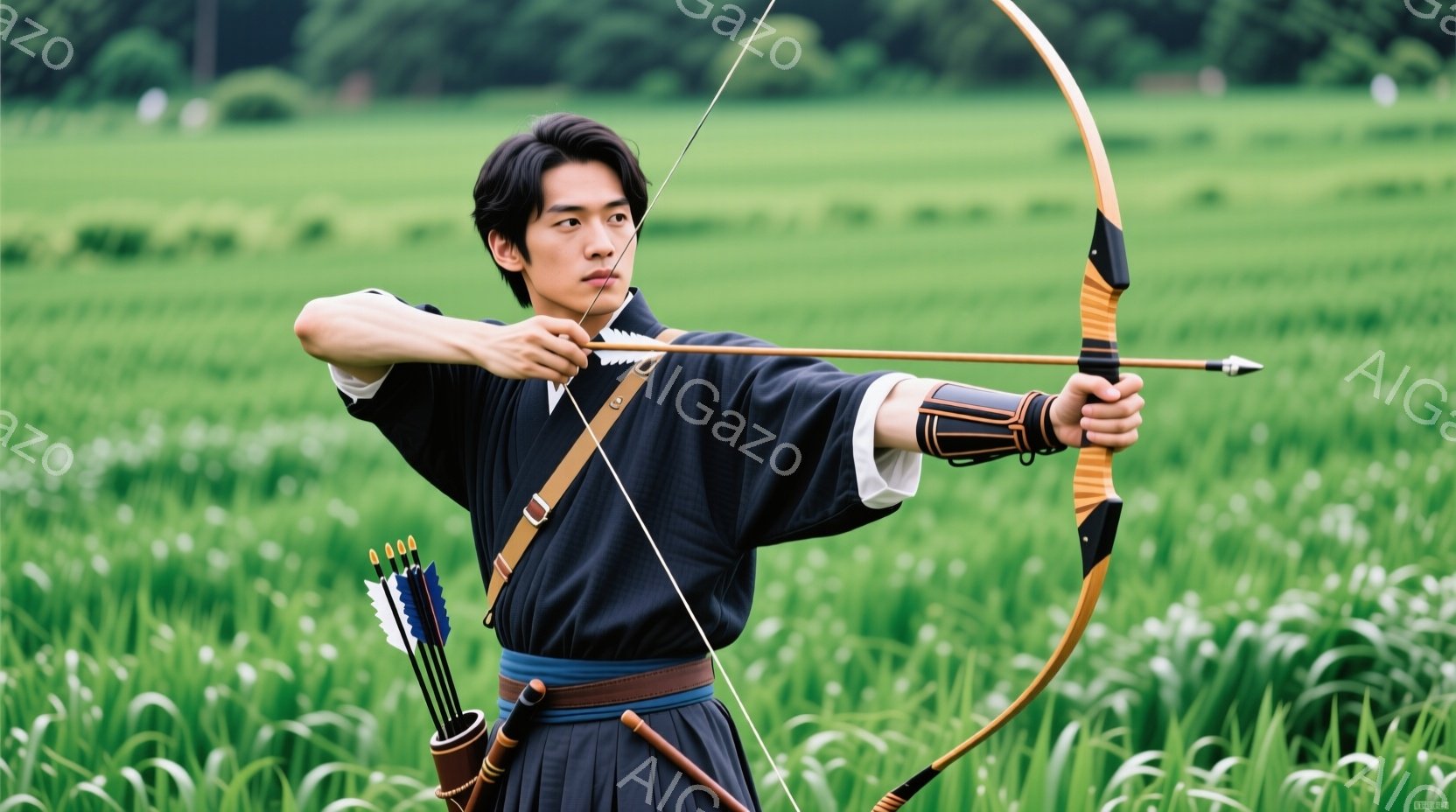 濃い緑色の背景に、弓を持つ男性が描かれています。彼は黒い着物と藍色の帯を身につけ、髪は短く整えられています。男性は弓を引き、集中した表情で矢を放とうとしており、周囲には白い花が咲き乱れる草原が広がって - AI生成フリー素材