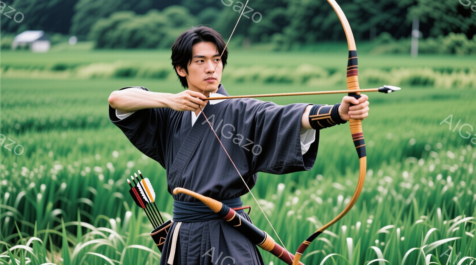 黒い着物を着た若い男性が、緑豊かな草原の中で弓を構えている。彼は真剣な表情で、弓に集中しており、腰には矢筒をつけている。背景には、遠くに見える建物と、風に揺れる草が生い茂る穏やかな風景が広がっている。 - AI生成フリー素材