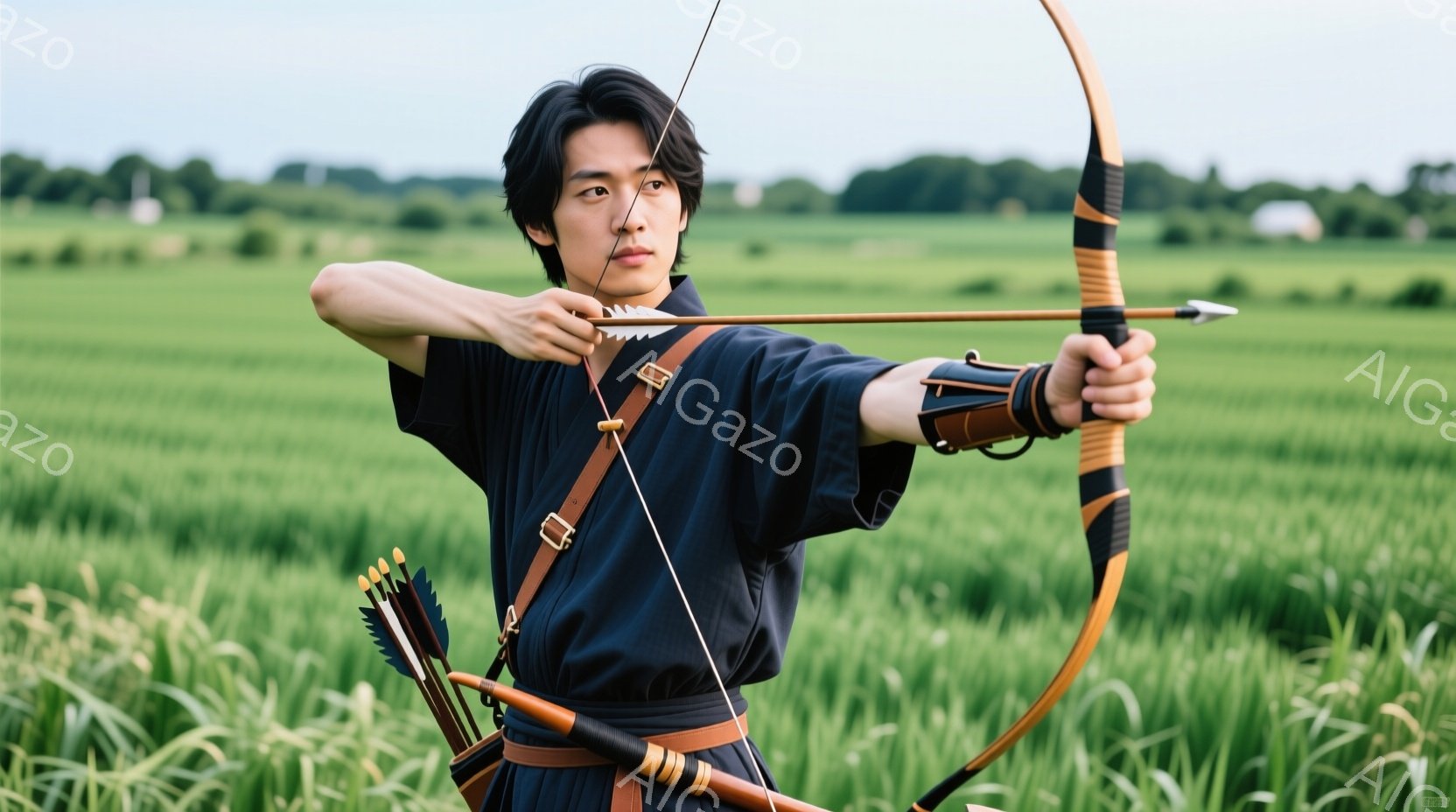 若い男性が弓矢を持って草原に立っている。彼は黒い着物のような服を着ており、腰に帯が締まっている。彼の髪は無造作に下ろされており、真剣な表情で弓を引き、矢を放とうとしている。