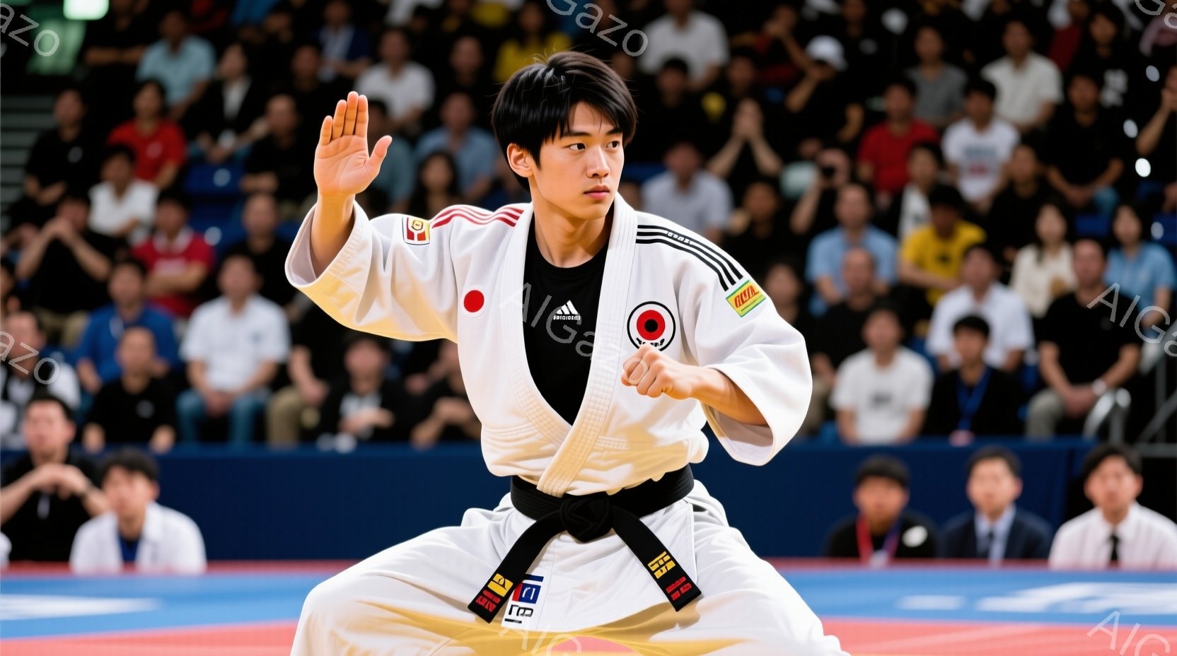 空手着を着た若い男性が、競技場で力強く膝を曲げ、片手を上げている。彼の表情は真剣で、集中している様子が窺える。背景には観客席が見え、活気のある競技会の雰囲気が伝わってくる。