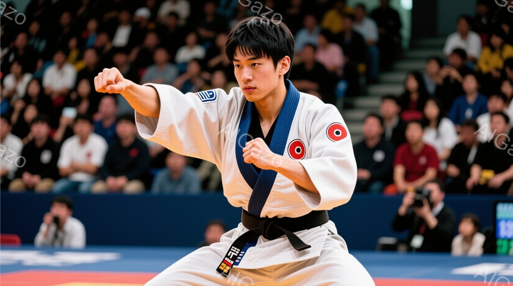 空手着を着た若い男性が、膝をついて構え、右手を顔の横に突き出した構えをとっています。彼は黒帯で、集中した表情をしており、力強く、決意に満ちた雰囲気です。背景には観客席が見え、競技会場の活気を感じさせま - AI生成フリー素材