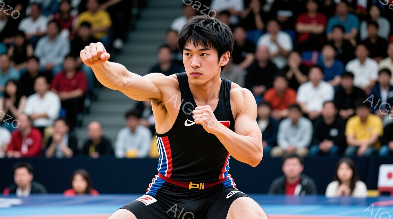 屈んだ姿勢で、男性レスラーがリングの中央に立っている。彼は黒いレスリングユニフォームを着ており、赤と青のラインが入っている。表情は真剣で、拳を握り、相手に臨む姿勢を示している。 - AI生成フリー素材