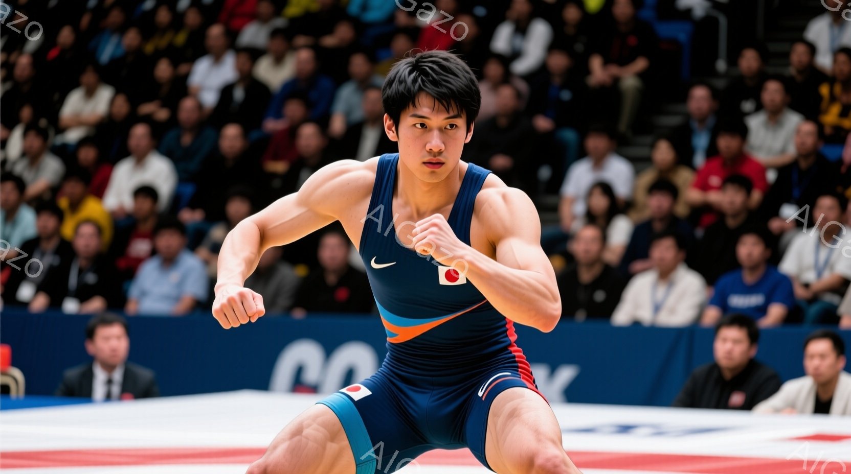 レスリング選手が競技場で力強く構えている姿が写っている。青と赤のストライプが入ったレスリングウェアに日本の旗が描かれており、引き締まった体格と集中した表情が印象的だ。背景には観客席が見え、競技場の活気を感じさせる。