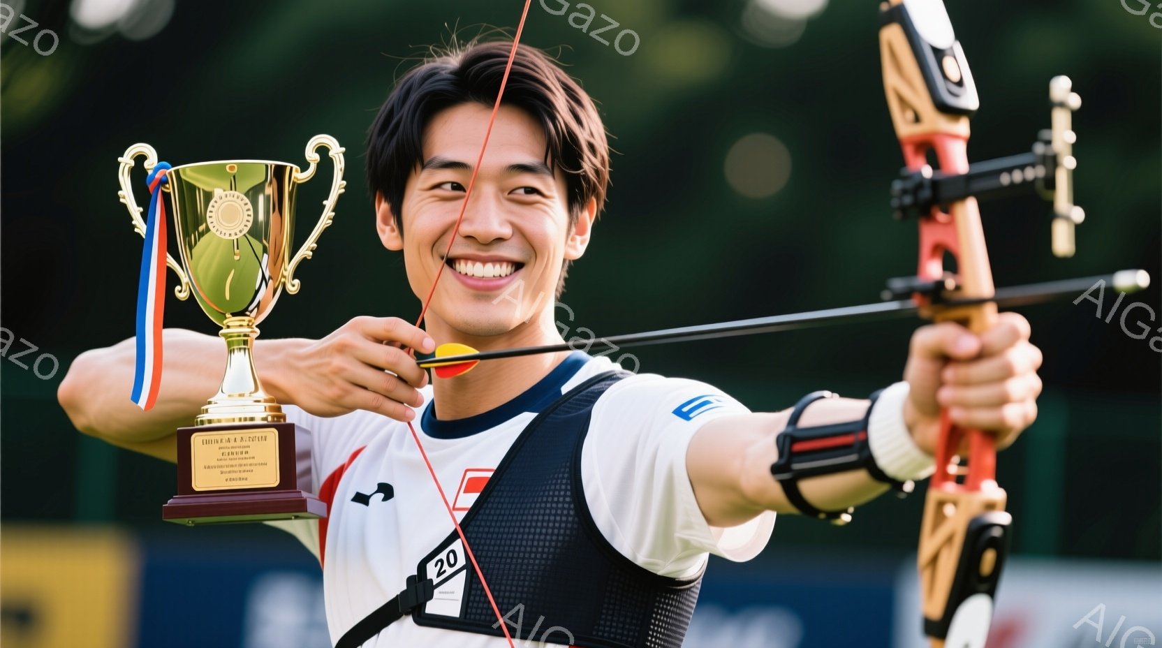競技者は白いアーチェリーウェアと黒いベストを着用し、笑顔で弓を構えています。彼は短髪で、左手に持ち、右手に矢をつがえた状態で、勝利を確信したかのような表情をしています。背景には緑豊かな自然が広がり、晴 - AI生成フリー素材