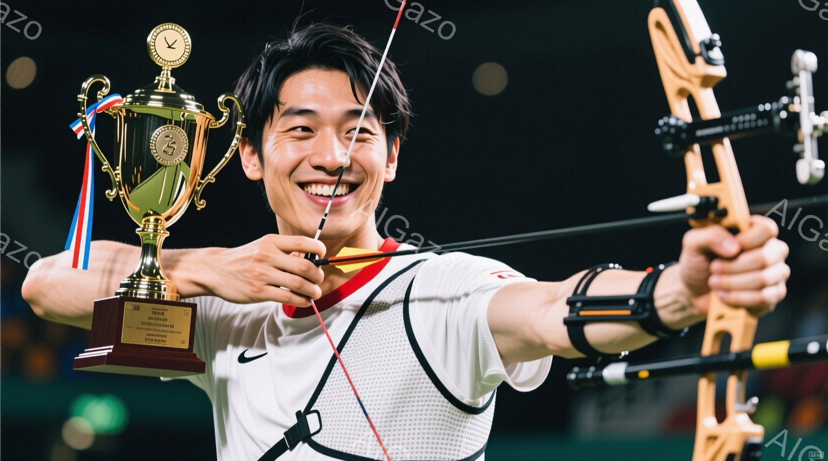 競技者が白いアーチェリーウェアに身を包み、満面の笑みを浮かべている。右手に弓を引き絞り、競技への熱意と勝利への喜びを表現している。背景は暗く、ぼやけており、競技場内の照明が選手の姿を照らし出している。