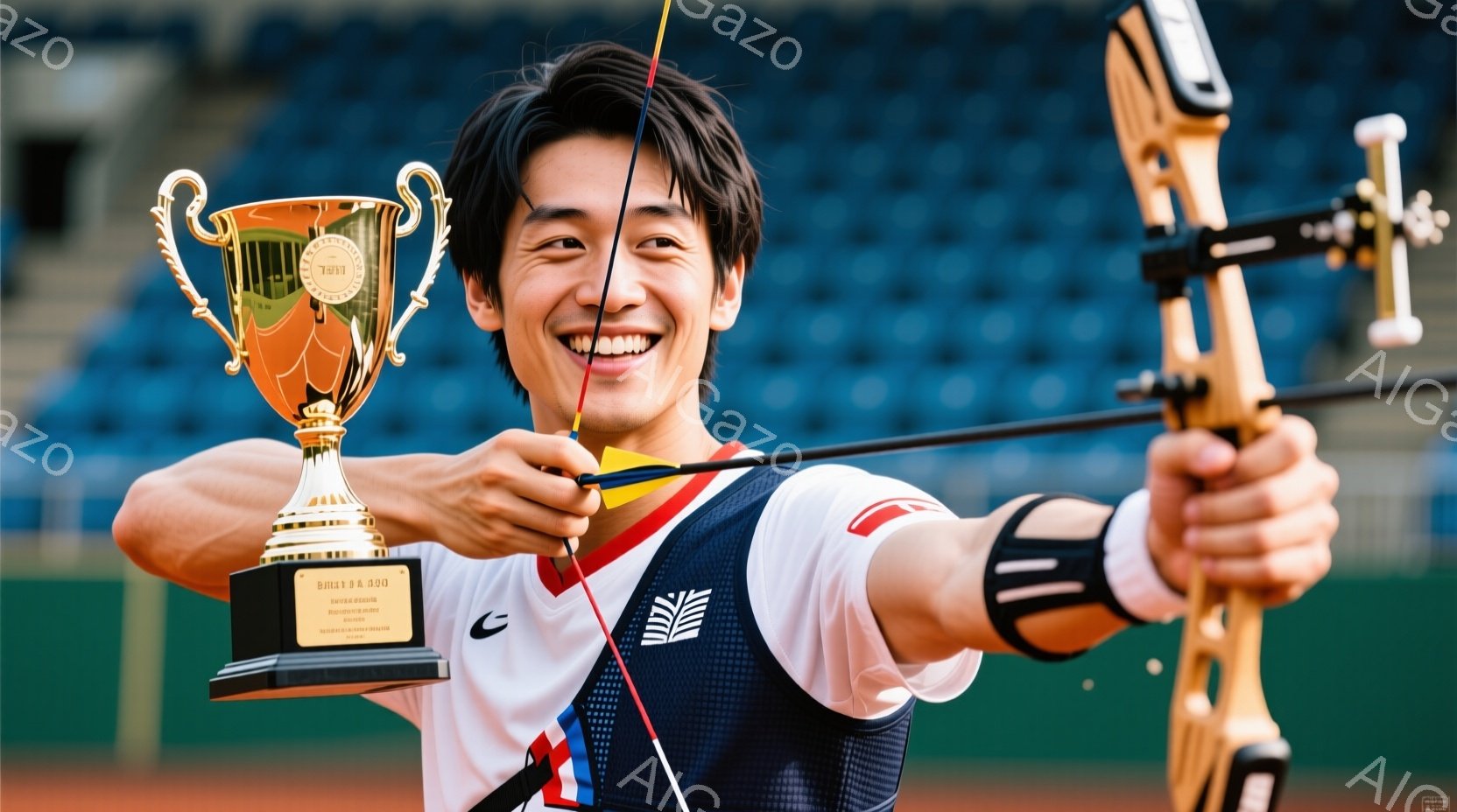 競技者が弓を引き絞り、ターゲットに向けて射撃の構えを取っている写真です。彼は紺色のユニフォームに赤いバンダナを着用し、笑顔でトロフィーを抱えています。背景には観客席と青空が見え、競技場の明るく活気のある雰囲気が伝わってきます。