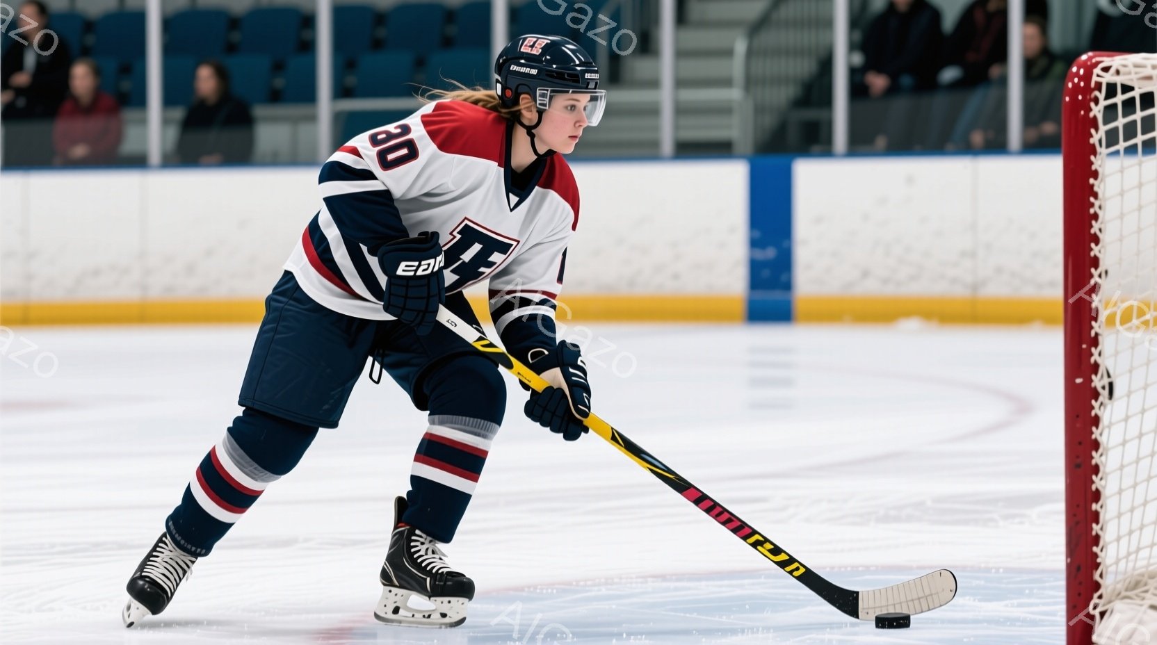 アイスホッケーの選手がリンク上にいます。紺色と白のストライプが入ったジャージに、背番号30が書かれており、ヘルメットを被っています。選手はアイスホッケーのスティックを持ち、集中した表情で前を見据え、試合に向けて準備している様子が伺えます。