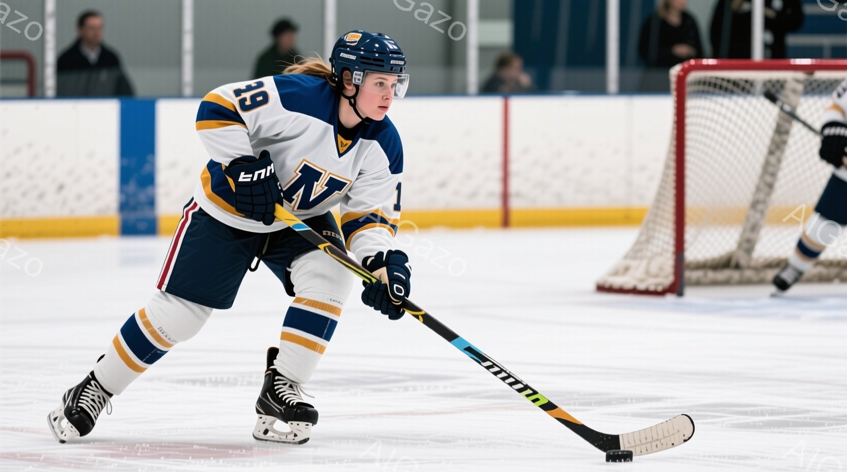 アイスホッケー選手がリンク上でスティックを構え、プレーに集中した表情を見せています。青と白を基調としたユニフォームには、「U」のロゴと背番号「29」が描かれており、ヘルメットを着用し、髪はポニーテール - AI生成フリー素材