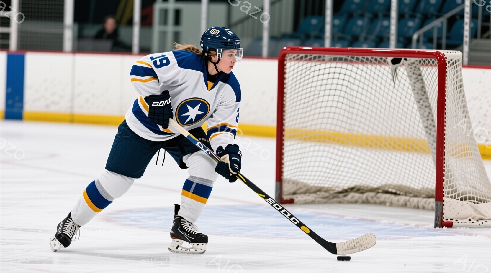 アイスホッケーの選手が、白いユニフォームと青いヘルメットを身につけ、リンク上でホッケーのスティックを構え、プレーに集中しています。彼女は髪をポニーテールにし、集中した表情で、氷上を滑っています。背景に - AI生成フリー素材