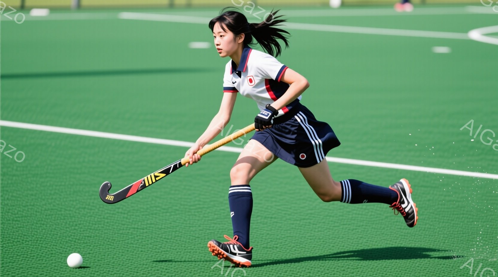 緑の人工芝のフィールドで、ホッケーのユニフォームを着た若い女性が、ホッケーのボールを追いかけている。彼女は黒いポニーテールで、白いシャツに濃い青のスカートとソックスを着用し、動きのある姿勢でボールに向 - AI生成フリー素材