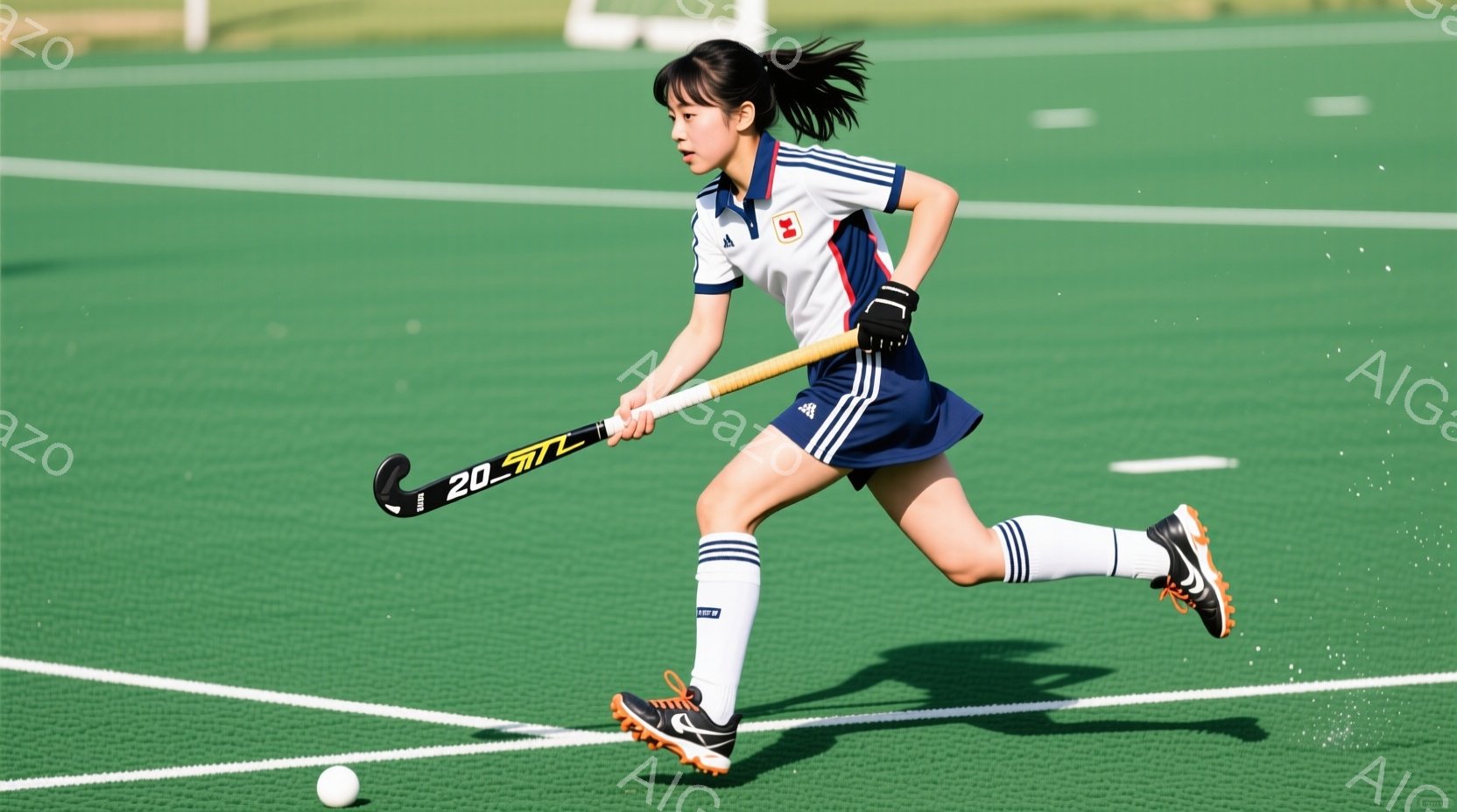 緑の人工芝のフィールドでホッケーをする女性選手を捉えています。彼女は白いシャツに紺色のスカート、白いソックス、黒いシューズを着用し、髪は後ろでポニーテールに結ばれています。彼女はホッケーのスティックを持ち、ボールを追いかけながら前進しており、集中した表情で競技に臨んでいます。