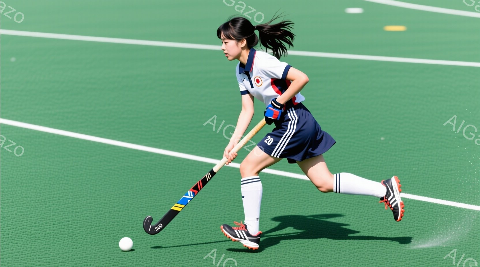 緑色のフィールドホッケーのコートを走る女性選手が写っている。彼女は白い襟と袖のある濃い青色のユニフォーム、白いソックス、そして黒と青のホッケーシューズを着用し、髪は高い位置でポニーテールに結んでいる。彼女はホッケーのボールを打ち、左足を前に出し、集中した表情で力強くプレーしている。