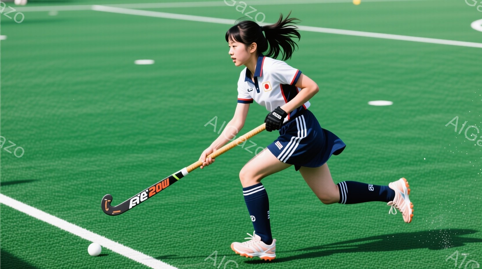 緑の芝生の上を走る女性フィールドホッケー選手が写っている。彼女は白いシャツに紺色のスカートとソックスを着用し、髪はポニーテールに結ばれている。彼女はホッケーのスティックを構え、ボールを追いかけるように前進しており、集中した表情で競技に臨んでいる。