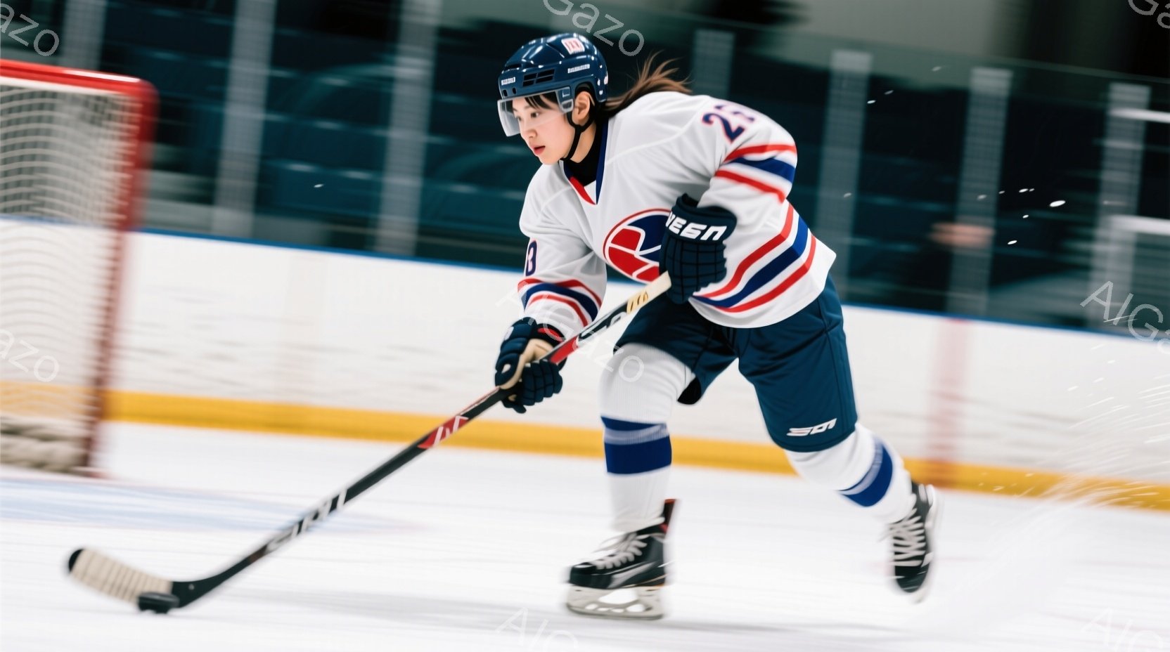 アイスホッケー選手がリンク上でプレーしている様子が写っている。青、赤、白のストライプが入ったユニフォームとヘルメットを着用し、集中した表情でパックを追いかけている。背景は観客席やリンクの壁で、動きのあるアクションショットとなっている。