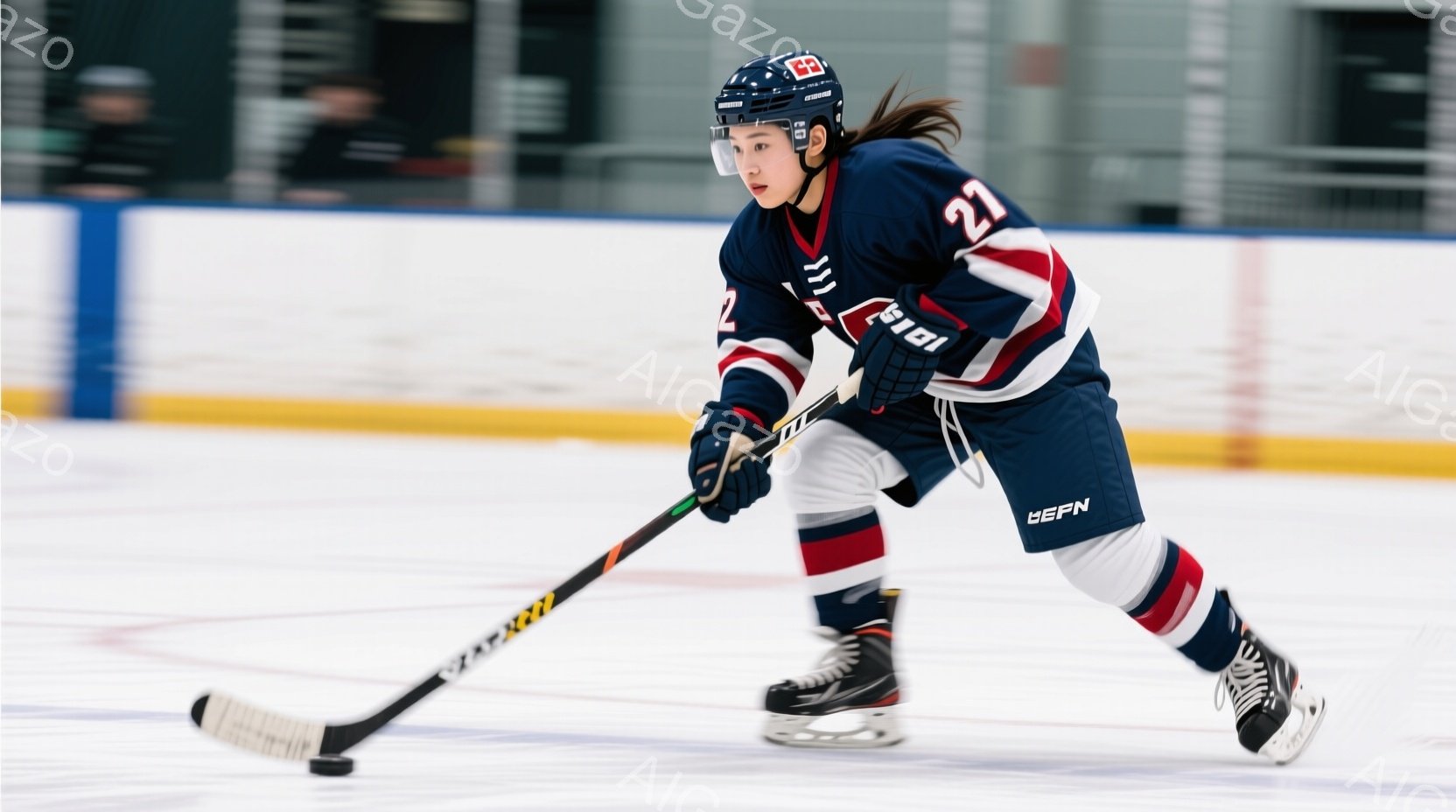 アイスホッケー選手がリンク上でプレイしている様子が写っています。紺色と赤色のストライプが入ったユニフォームとヘルメットを着用し、長い髪は後ろで三つ編みにされています。リンクは白く、背景にはぼんやりとし - AI生成フリー素材