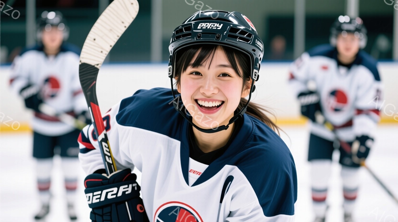 アイスホッケーの選手が笑顔で写っています。紺色のユニフォームとヘルメットを着用し、ホッケーのスティックを手に持っています。背景には他の選手たちがおり、アイスホッケーリンクで練習している様子がうかがえま - AI生成フリー素材