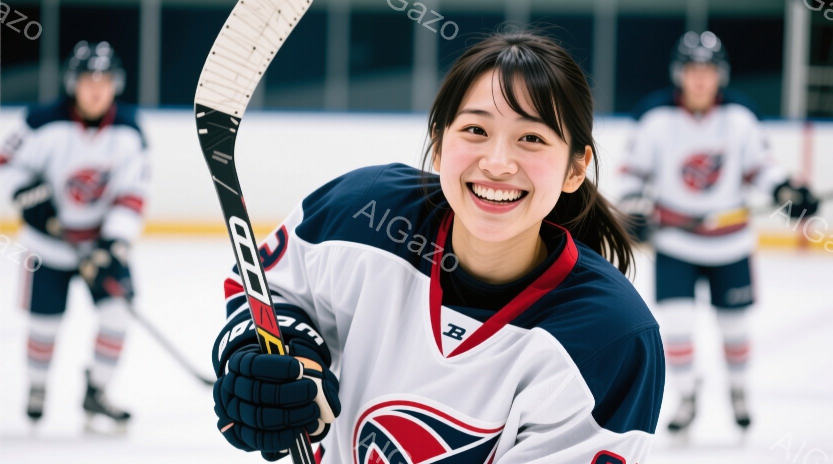 アイスホッケーのユニフォームを着た若い女性が写っています。彼女は明るい笑顔を見せ、ホッケーのスティックを握り、カメラの方を見ています。背景には、同じようにユニフォームを着た他の選手がぼやけて写っており - AI生成フリー素材