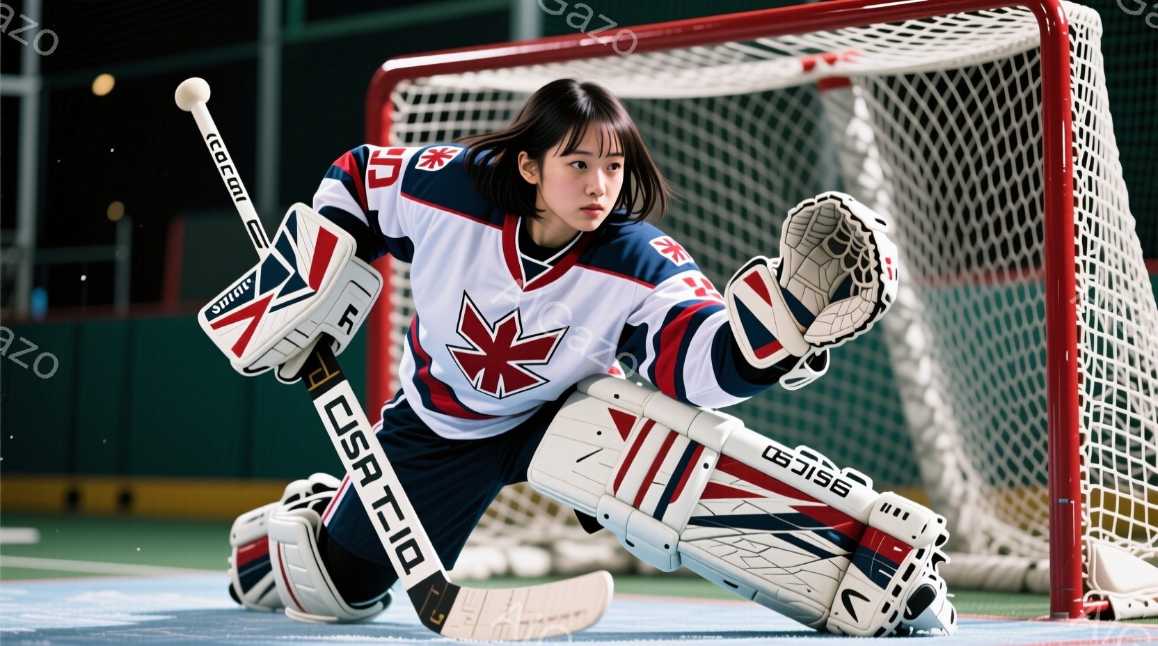 画像はアイスホッケーのゴールキーパーの女性選手を捉えています。彼女はアメリカのチームカラーである赤、白、青のユニフォームと防具を身に着け、しゃがんだ姿勢でゴールを守っています。背景はホッケーリンクで、ネットと氷面が確認でき、集中した表情でプレーに臨む姿が印象的です。