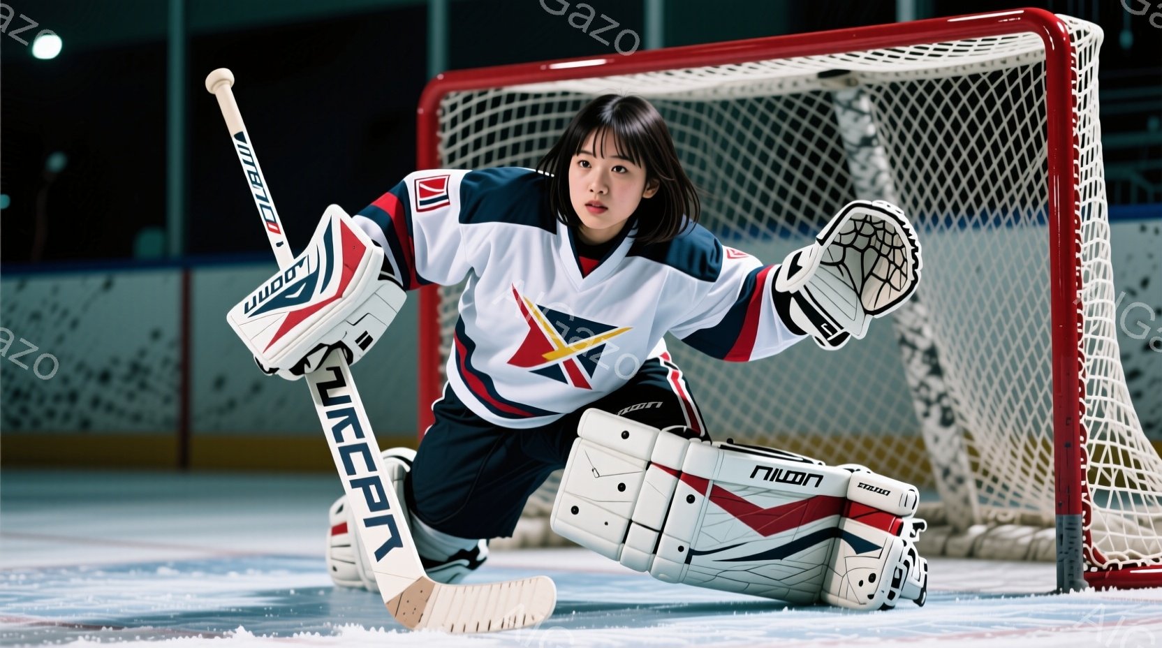 アイスホッケーのゴールキーパーである若い女性が写っています。彼女は白、赤、黒のユニフォーム、黒いヘアスタイル、そして集中した表情で、膝をついて構えています。背景はアイスホッケーリンクで、ゴールネットが - AI生成フリー素材