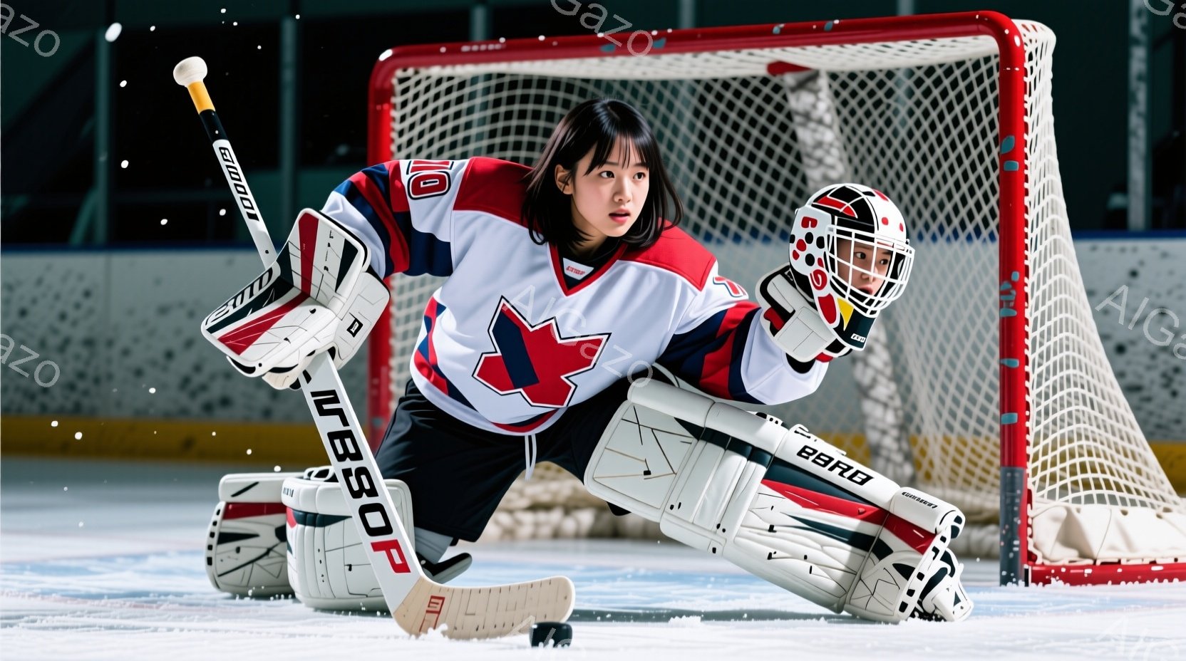 画像はアイスホッケーのゴールキーパーである若い女性を捉えています。彼女はカナダ代表のユニフォームを着て、黒いヘルメットとプロテクターを着用し、集中した表情で左足を伸ばし、ホッケーのスティックを握っています。背景にはホッケーリンクがあり、細かい雪が舞っているように見え、競技に集中した真剣な雰囲気が伝わってきます。