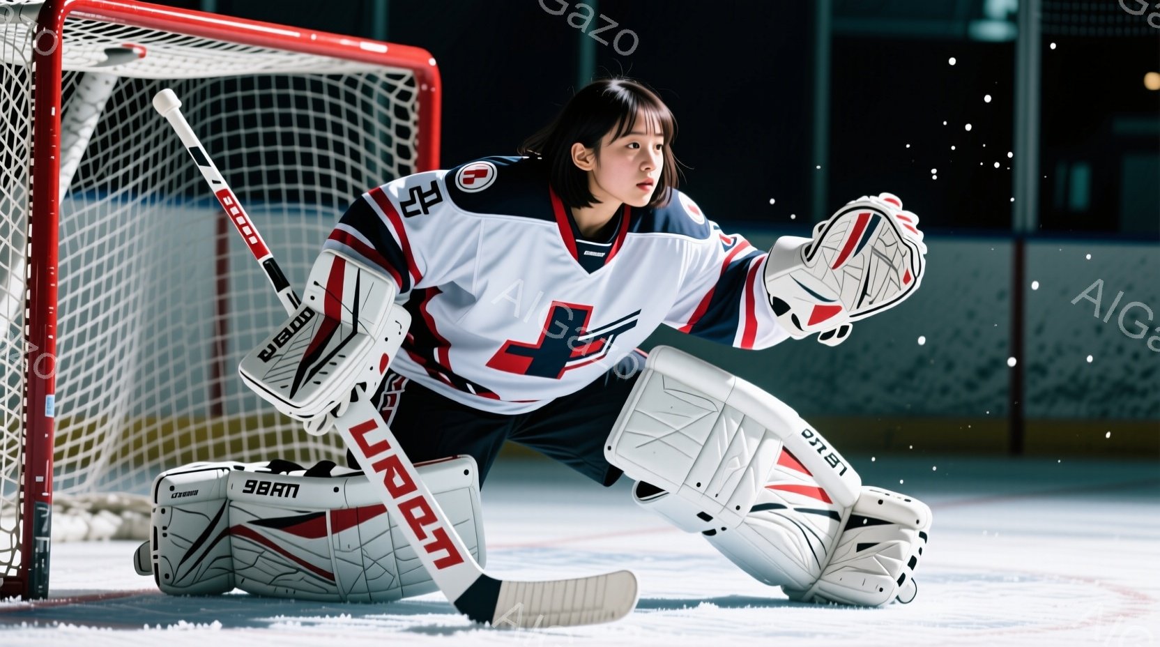アイスホッケーのゴールキーパーである若い女性が写っている。彼女は白を基調とした黒のアクセントが入ったユニフォームを着ており、黒髪をポニーテールにしている。彼女は膝を曲げ、集中した表情でグローブを前に出し、守備の姿勢をとっている。