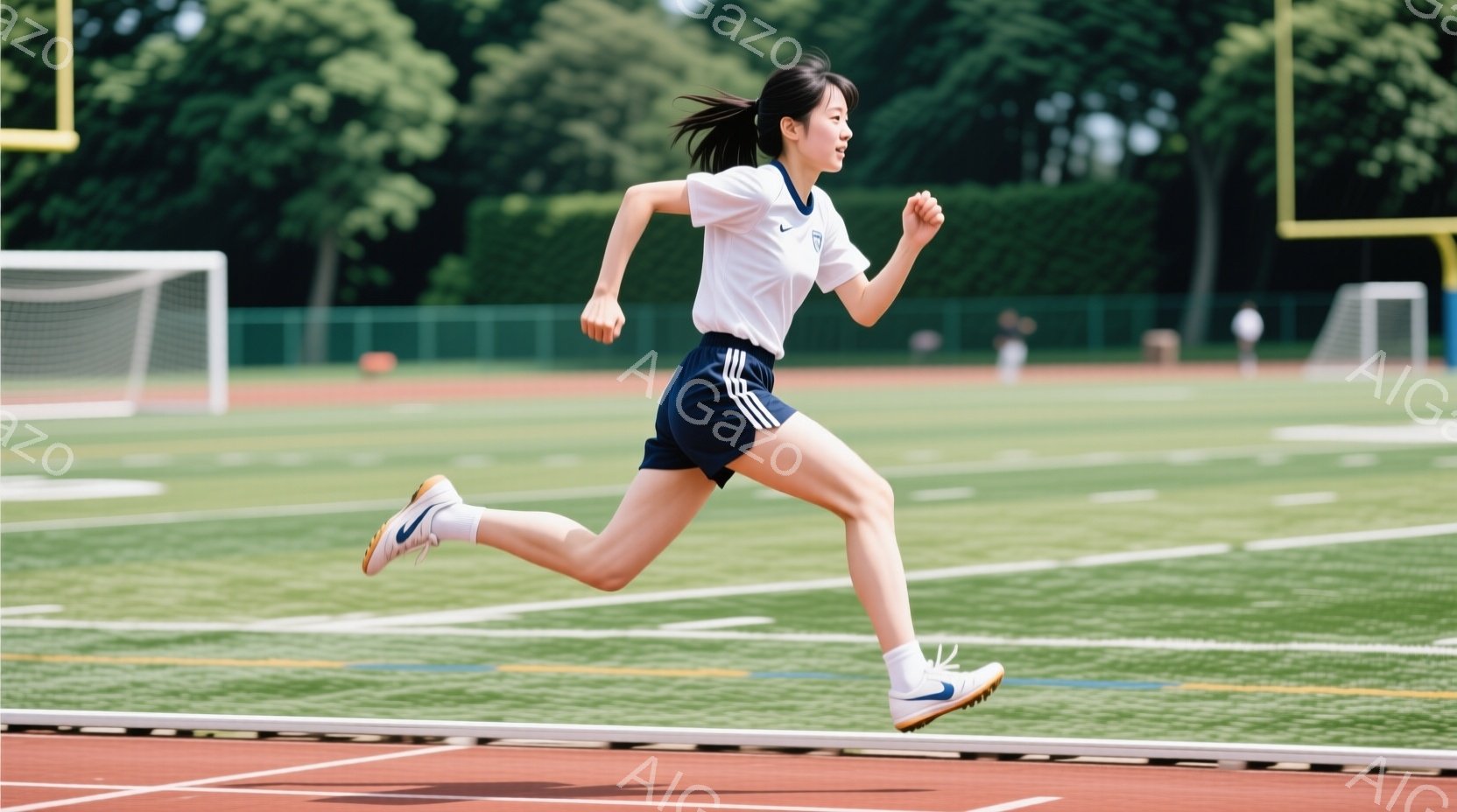 少女は競技トラックを疾走している。白の半袖シャツと紺色の短パン、そして鮮やかな青いスニーカーを着用し、髪はポニーテールに結ばれている。背景には緑の芝生とサッカーゴールが見え、晴れた日の屋外での運動の様 - AI生成フリー素材