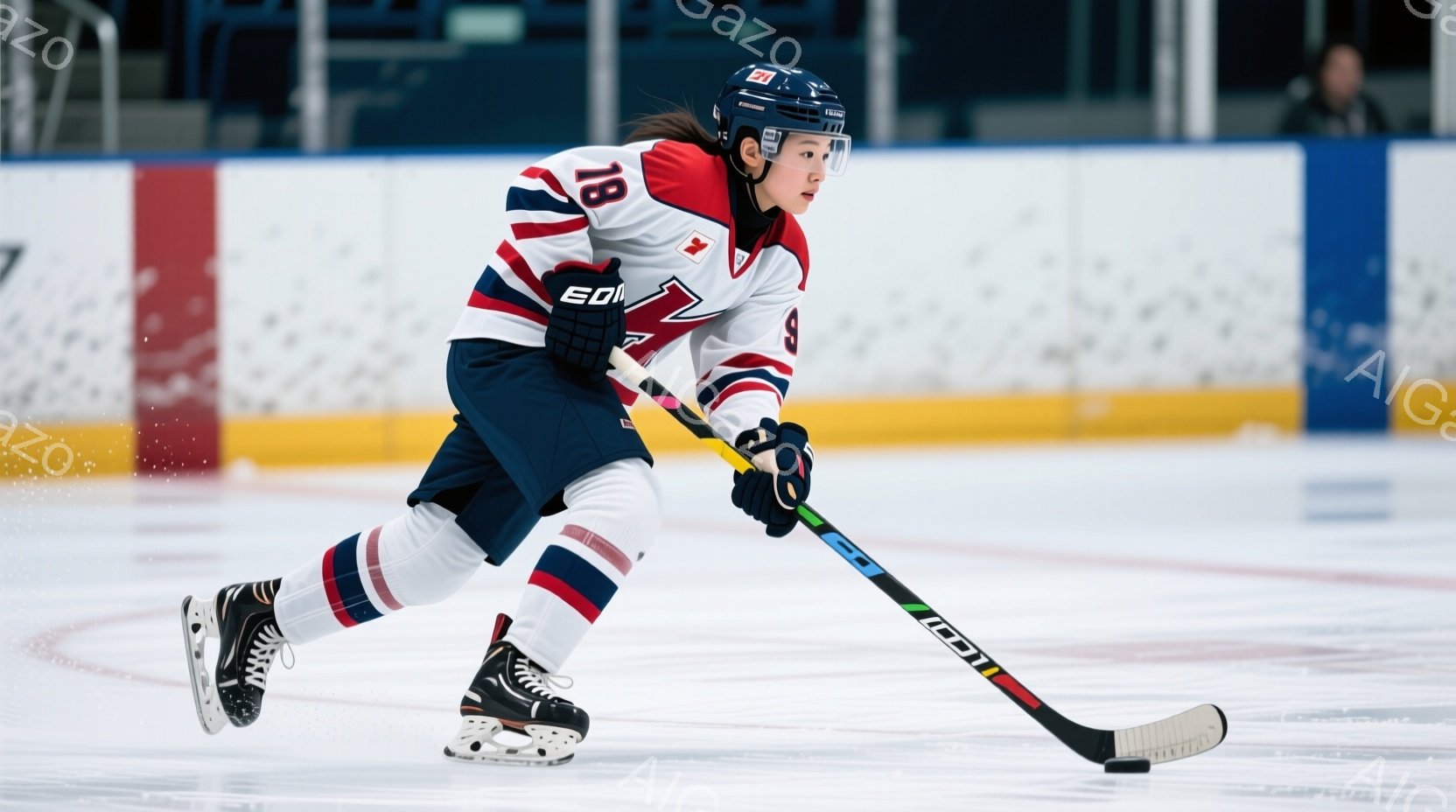 サッカーのユニフォームを着た若い女性選手が、ゴールネットの前で腕を高く上げ、歓喜の表情を浮かべている様子を捉えています。彼女は、赤いラインが入ったネイビーブルーのユニフォームに「9」の背番号が書かれ、髪をポニーテールにしています。背景には観客席が広がり、多くの観客がぼやけて写っており、勝利の興奮に満ちた雰囲気が伝わってきます。