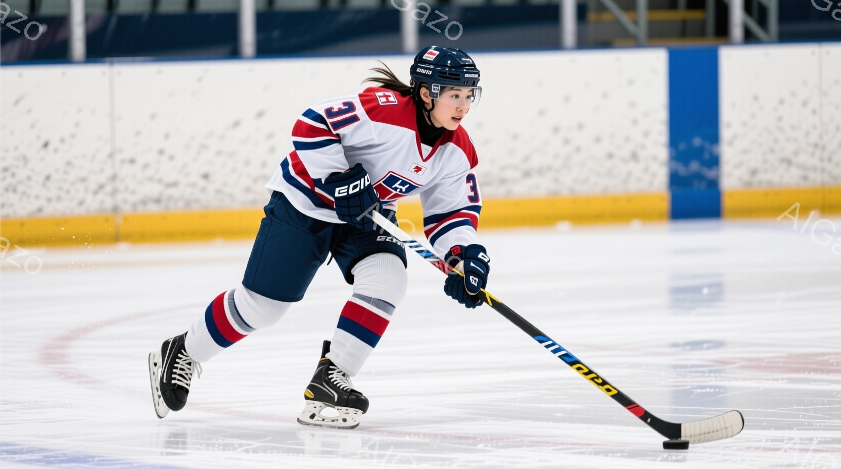 アイスホッケー選手がリンク上を滑走している様子が写っている。赤いヘルメットと青と白のストライプが入ったユニフォームを着用し、黒いヘアスタイルで、集中した表情でスティックを握り、前方に視線を向けている。 - AI生成フリー素材