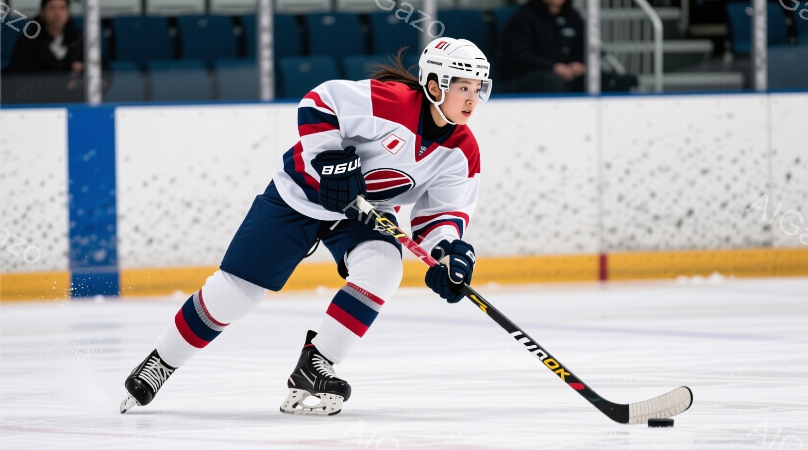 アイスホッケー選手がリンク上でプレーしている様子が写っている。赤、白、青のストライプが入ったユニフォームを着用し、黒いヘルメットをかぶり、髪はポニーテールにまとめられている。選手は前かがみの姿勢でステ - AI生成フリー素材