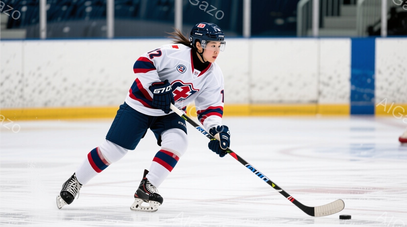 アイスホッケー選手がリンク上でスティックを構え、プレーに集中しています。彼女は紺色と赤のストライプが入ったユニフォーム、ヘルメットを着用し、髪はポニーテールに結ばれています。背景はアイスリンクで、観客席が見え、全体的に集中した競技の雰囲気が漂っています。