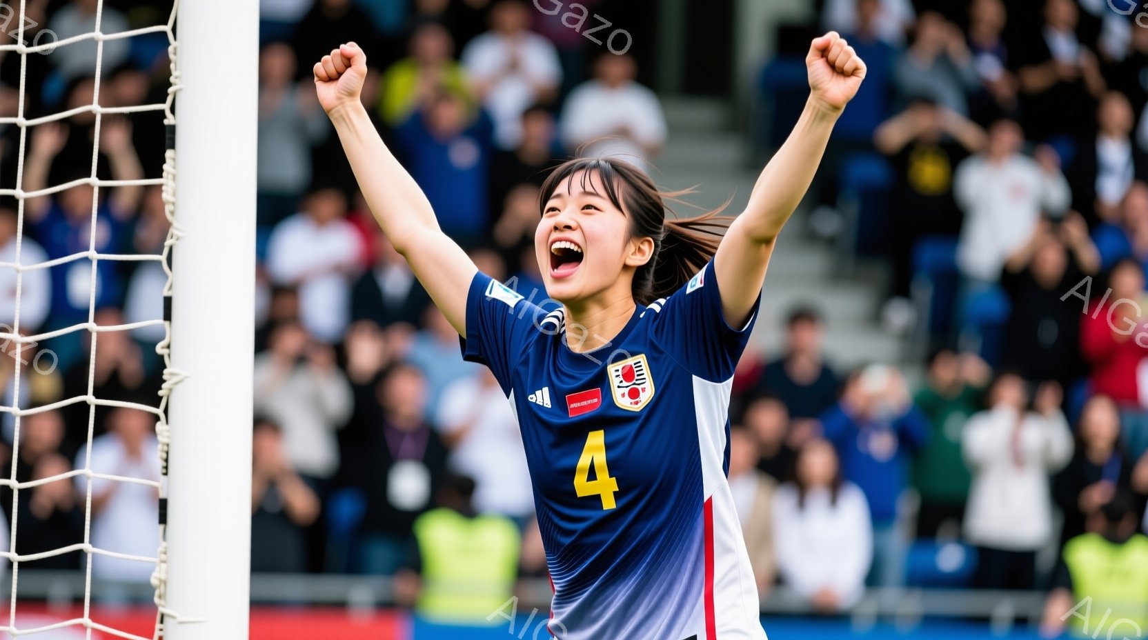 サッカー日本代表の女性選手が、青と白を基調としたユニフォームを着て、ゴールネットの前で両手を高く上げて歓喜している。彼女はロングヘアで、顔には勝利の喜びが溢れており、背景には観客席がぼやけて写っている - AI生成フリー素材