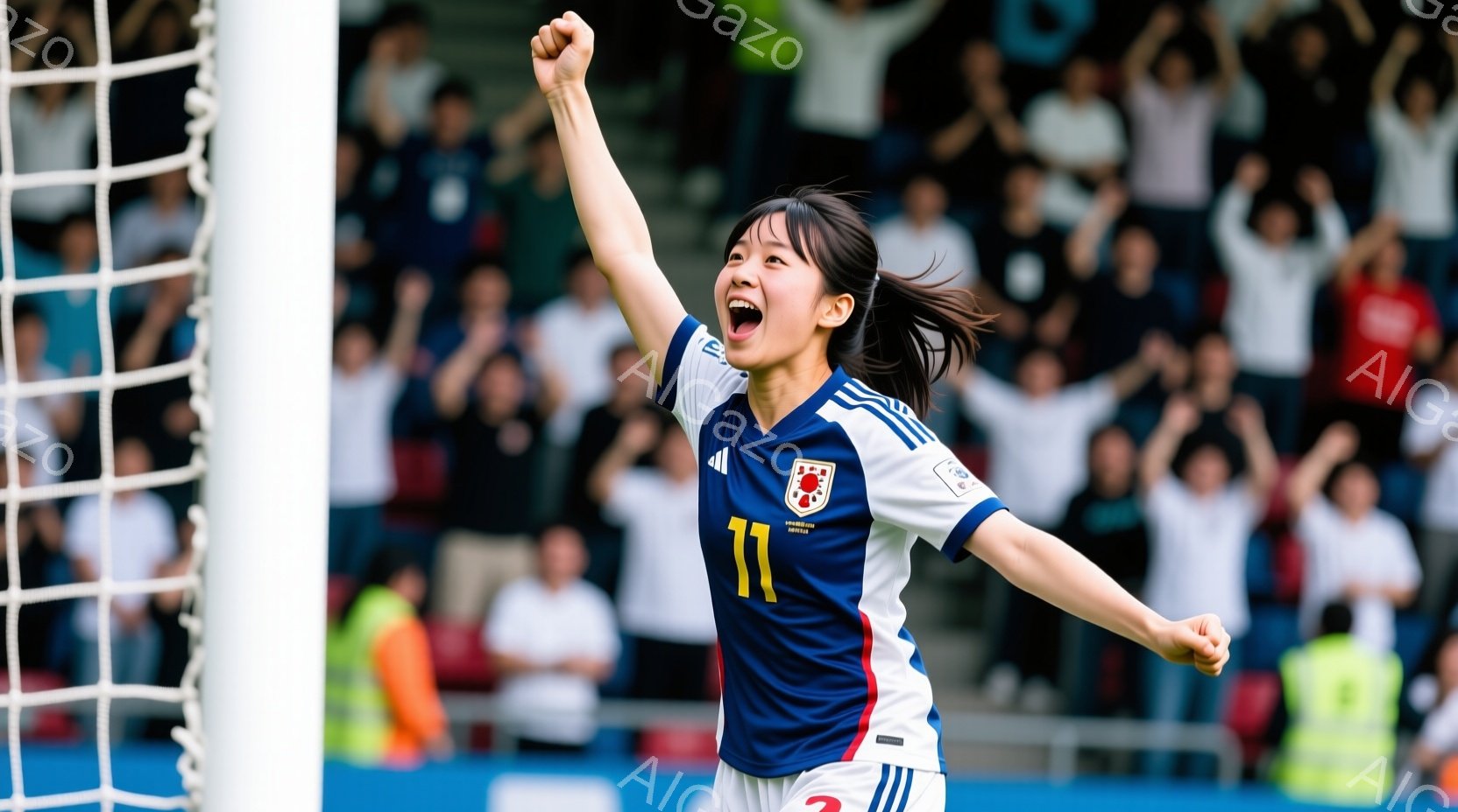 彼女は日本のユニフォーム（白地に赤と青のライン、背番号11）を着て、両手を高く挙げ、歓喜の表情を浮かべている。髪はポニーテールにしており、背景には観客席とサッカーのゴールネットが見え、活気に満ちた試合の雰囲気が伝わる。彼女の姿勢は勝利を祝い、興奮と喜びに満ち溢れている。