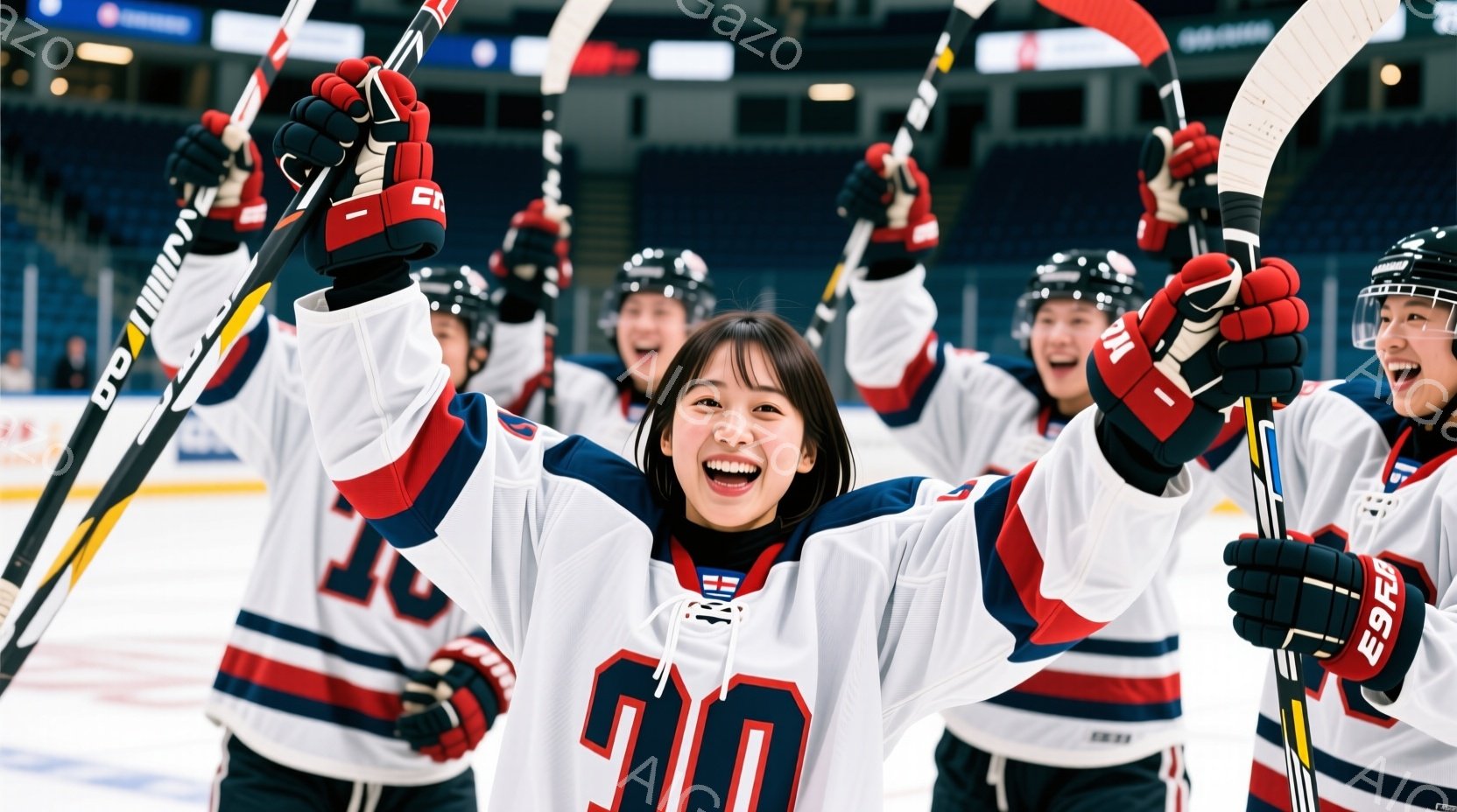 アイスホッケーの試合後に喜ぶ若い女性たちのグループを捉えています。彼女たちは白を基調とした赤と青のラインが入ったユニフォームを着ており、1人の女性は背番号10をつけています。全員がホッケーのスティック - AI生成フリー素材