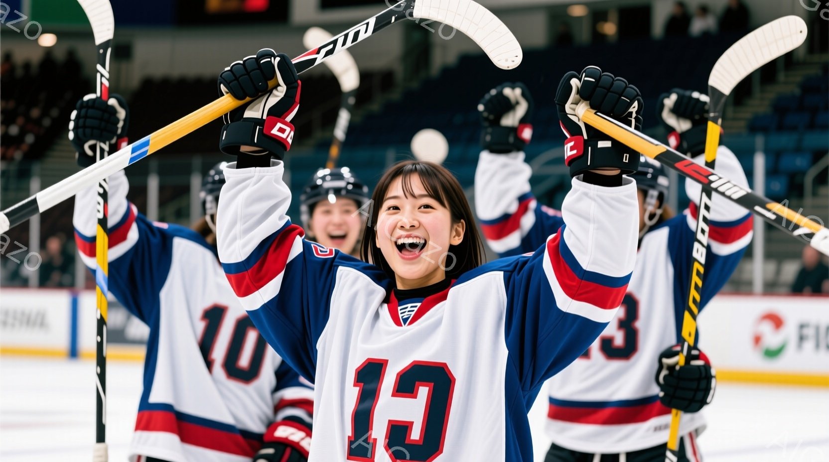アイスホッケーのユニフォームを着た若い女性が写っています。彼女は青と白を基調としたユニフォームに「13」の番号が大きくプリントされており、両手を高く上げて歓喜している様子です。背景には他のチームメンバーがおり、アイスホッケーリンクの観客席が見え、全体的に勝利を祝う活気のある雰囲気が伝わってきます。