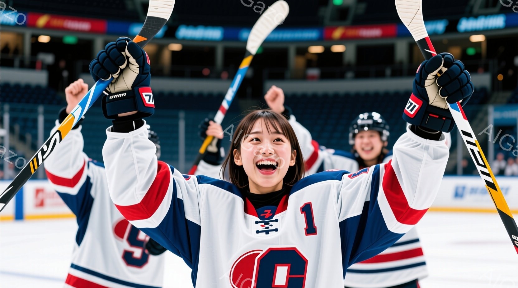 画像はアイスホッケーの試合後、喜びに満ちた女性選手を中心に捉えています。彼女は赤い縁取りの白いユニフォームに「1」と書かれ、両手を高く上げて歓喜しています。背景にはチームメイトがホッケーのスティックを掲げ、観客席が見え、勝利の興奮とチームの結束が伝わってきます。