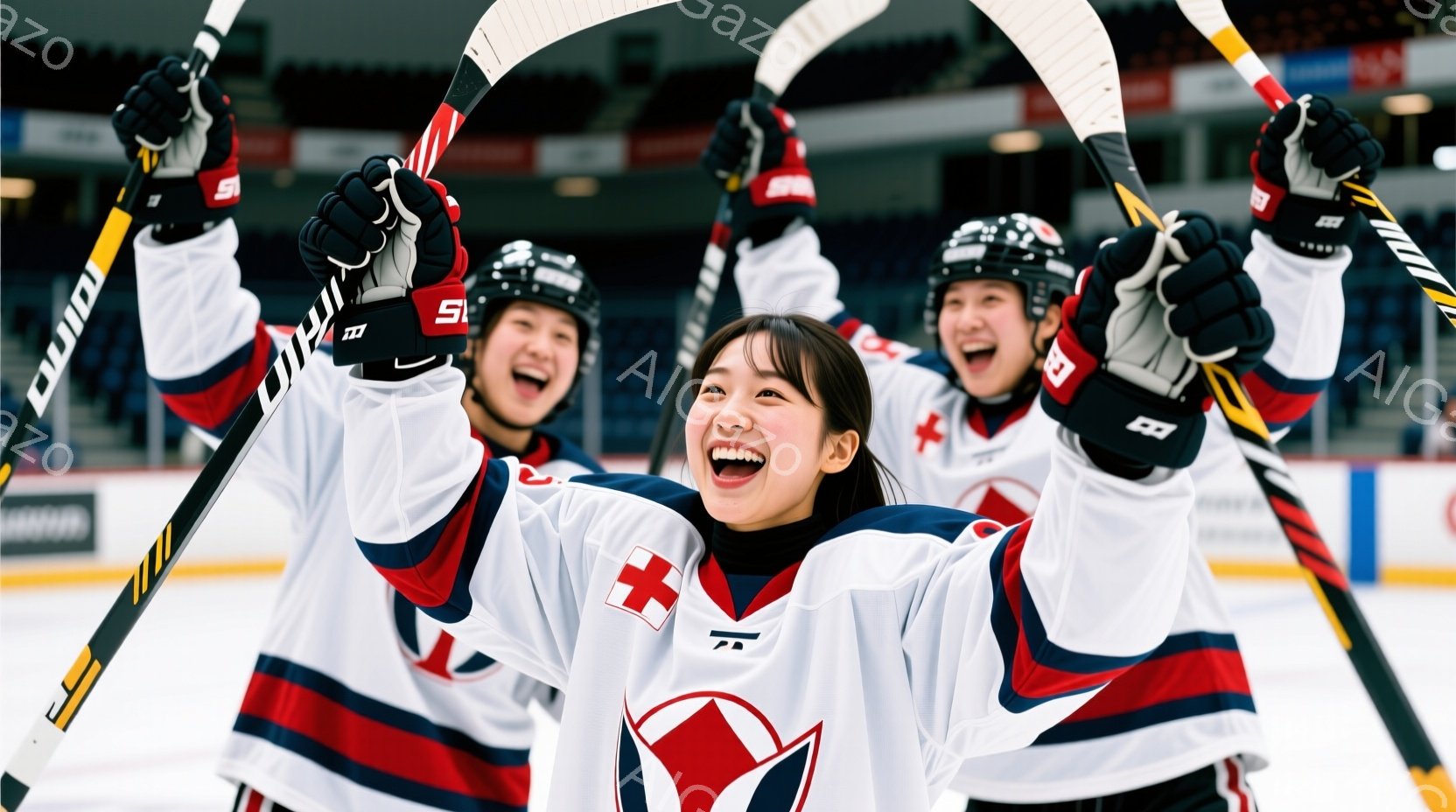 アイスホッケーのユニフォームを着た若い女性たちが、喜びの表情でスティックを高く掲げています。ユニフォームは白を基調とし、赤と黒のラインが入っており、胸にはチームのロゴが入っています。背景にはアイスホッ - AI生成フリー素材