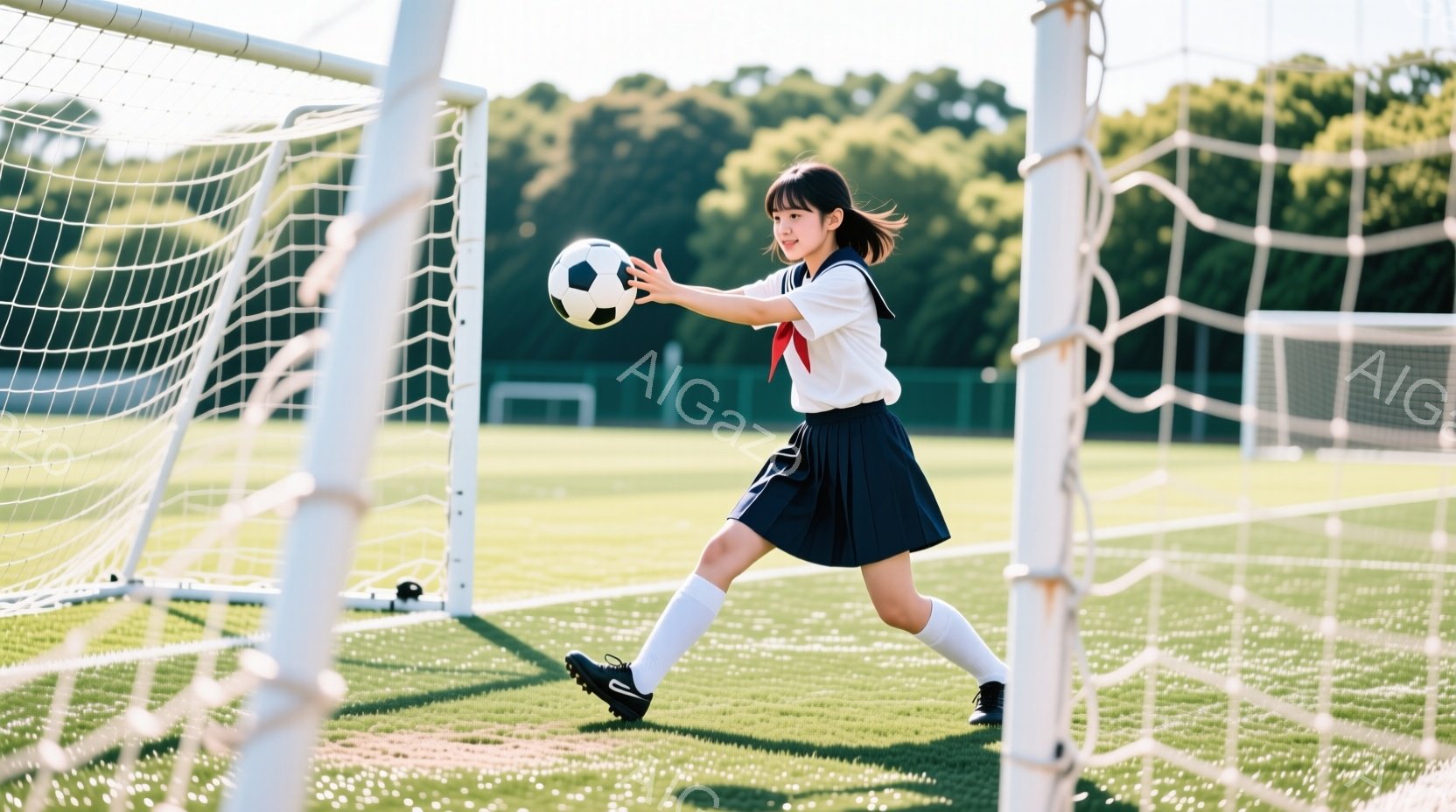 緑の芝生の上で、制服を着た少女がサッカーボールを抱えています。彼女は膝を曲げ、右足を少し前に出し、ボールを抱えながらも走り出すような姿勢をとっています。背景にはサッカーゴールと青空、そして緑豊かな木々が見え、晴れた日の爽やかな雰囲気が漂っています。