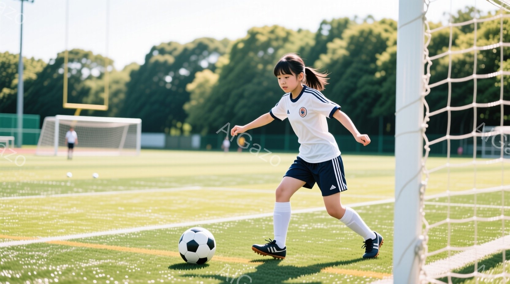 少女はサッカーコートでボールをドリブルしている。白いシャツにネイビーのショートパンツ、白いソックスと黒いスパイクを履いており、髪はポニーテールに結ばれている。背景には緑豊かな木々が見え、晴れた空の下、 - AI生成フリー素材