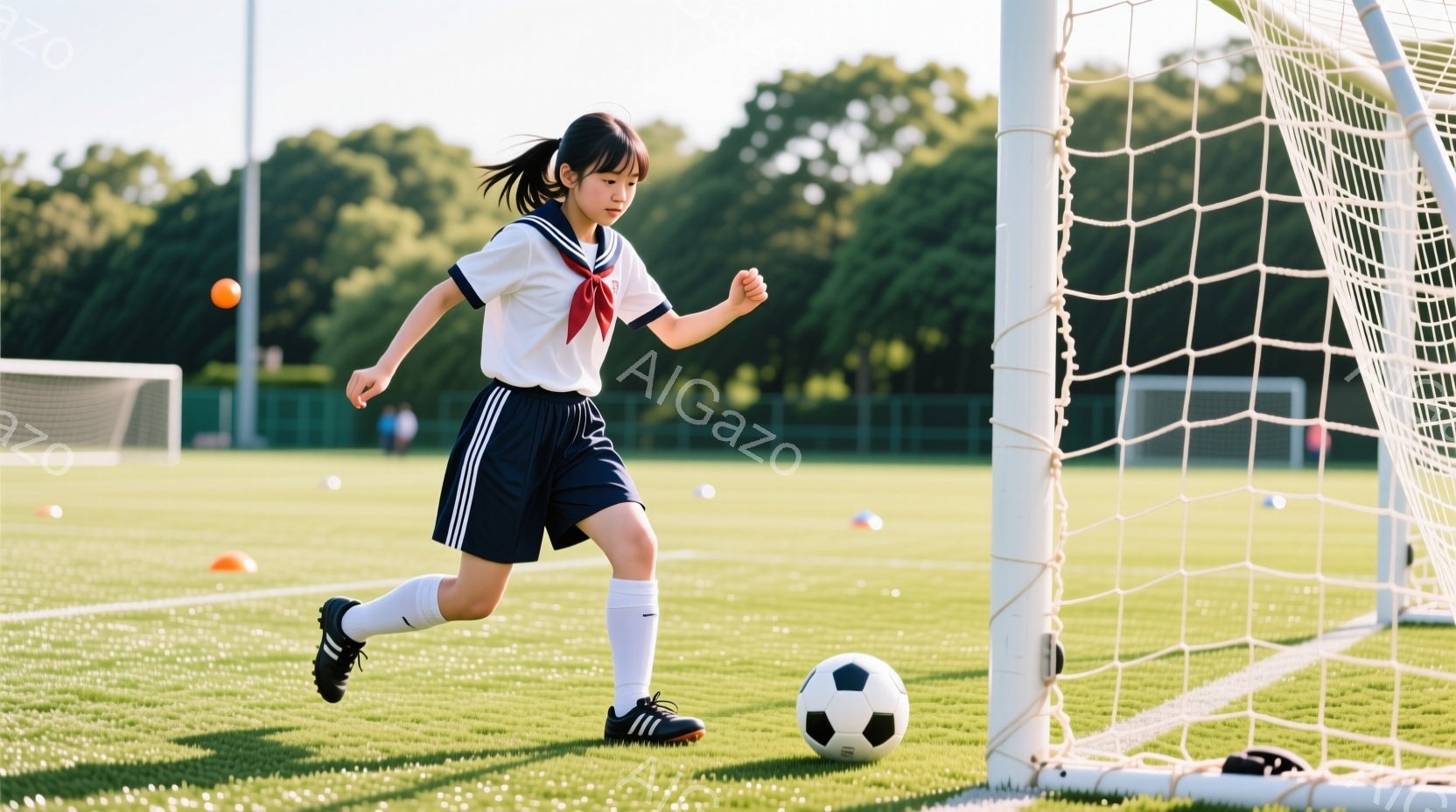 少女はサッカーの試合でボールを追いかけているように見える、白い半袖シャツに黒いショートパンツ、白いハイソックスと黒いスパイクを履いている。彼女は髪をポニーテールにしており、真剣な表情で走り、緑色の芝生 - AI生成フリー素材