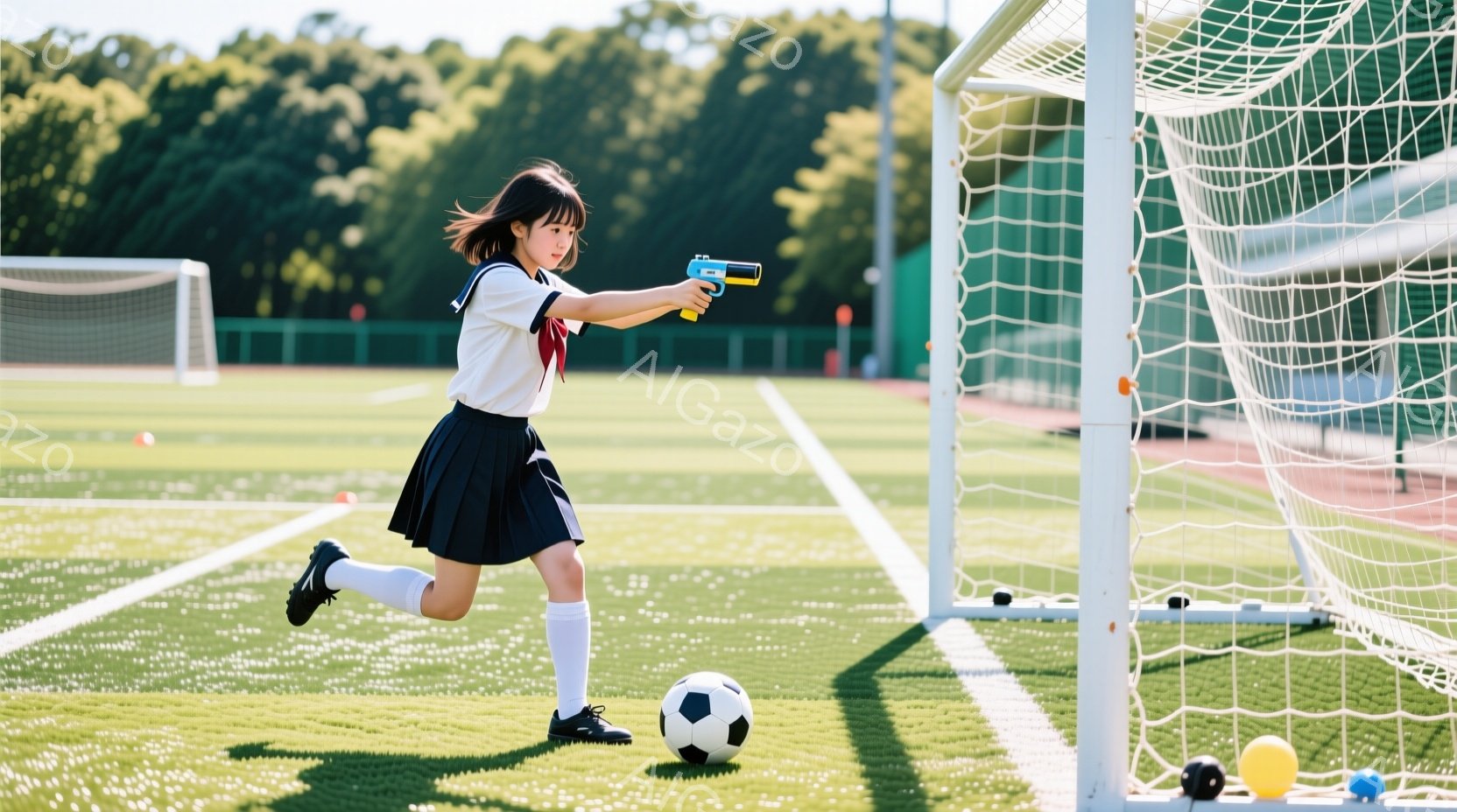 少女は白いシャツとチェック柄のスカート、白い靴下、黒いスニーカーを身に着けており、髪はポニーテールに結ばれています。彼女はサッカーボールを蹴りそうになり、片手にはおもちゃの銃を持っています。背景にはサ - AI生成フリー素材