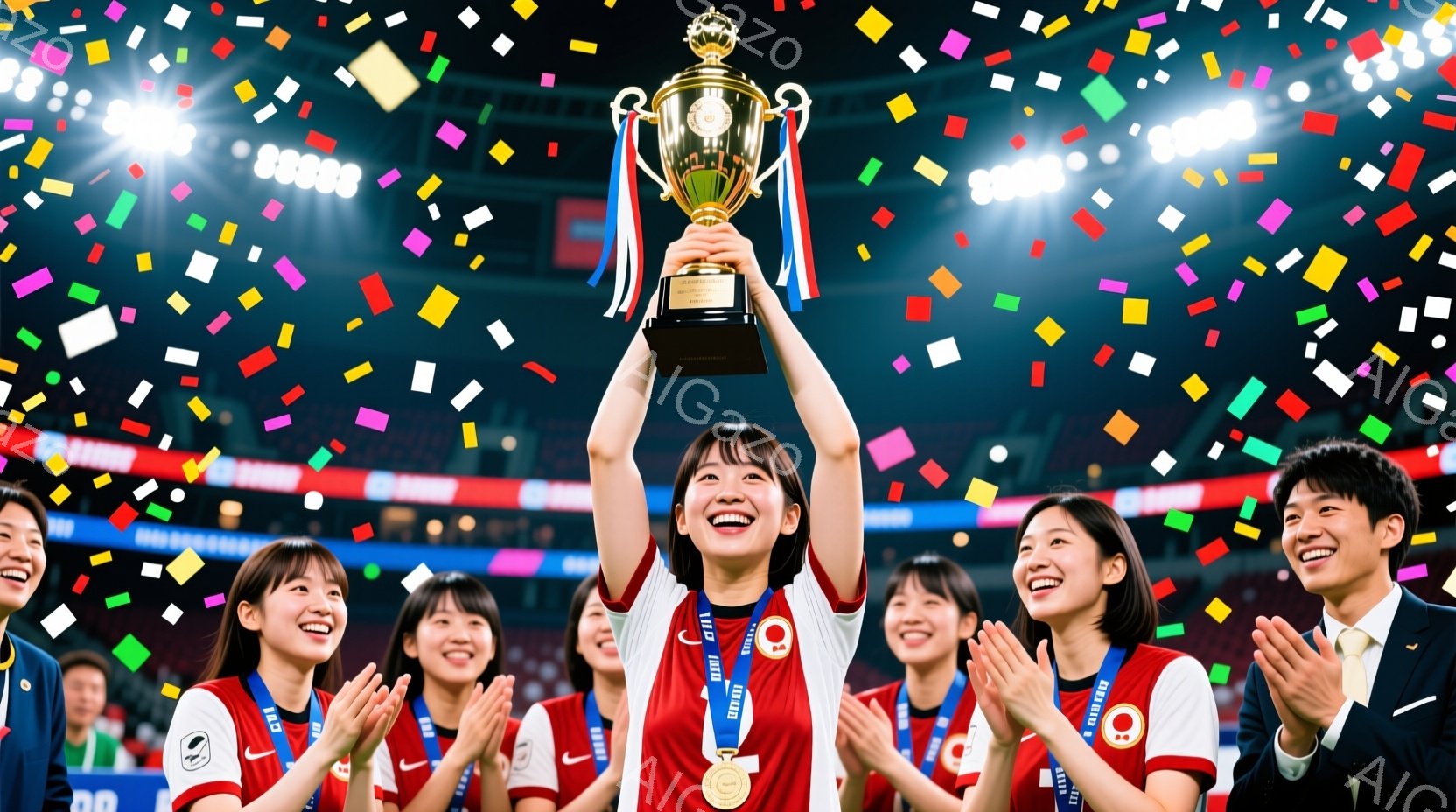 競技場の観客席で、女性サッカー選手がトロフィーを高く掲げ、勝利を祝っている様子が写っている。彼女は白いユニフォームに青いメダルをかけ、ショートカットで明るい笑顔を見せている。背景にはチームメイトが拍手を送り、カラフルな紙吹雪が舞い、勝利の喜びと興奮に満ちた雰囲気を醸し出している。
