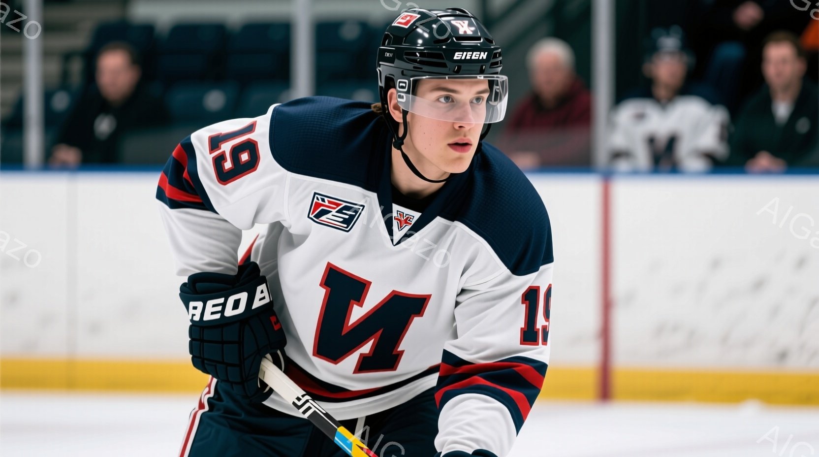 アイスホッケー選手が氷上に立っている様子が写っている。彼は白と紺色のユニフォームに、肩と肘には赤いラインが入っており、黒いヘルメットと手袋を着用し、真剣な表情で前を見据えている。背景にはぼやけた観客席 - AI生成フリー素材