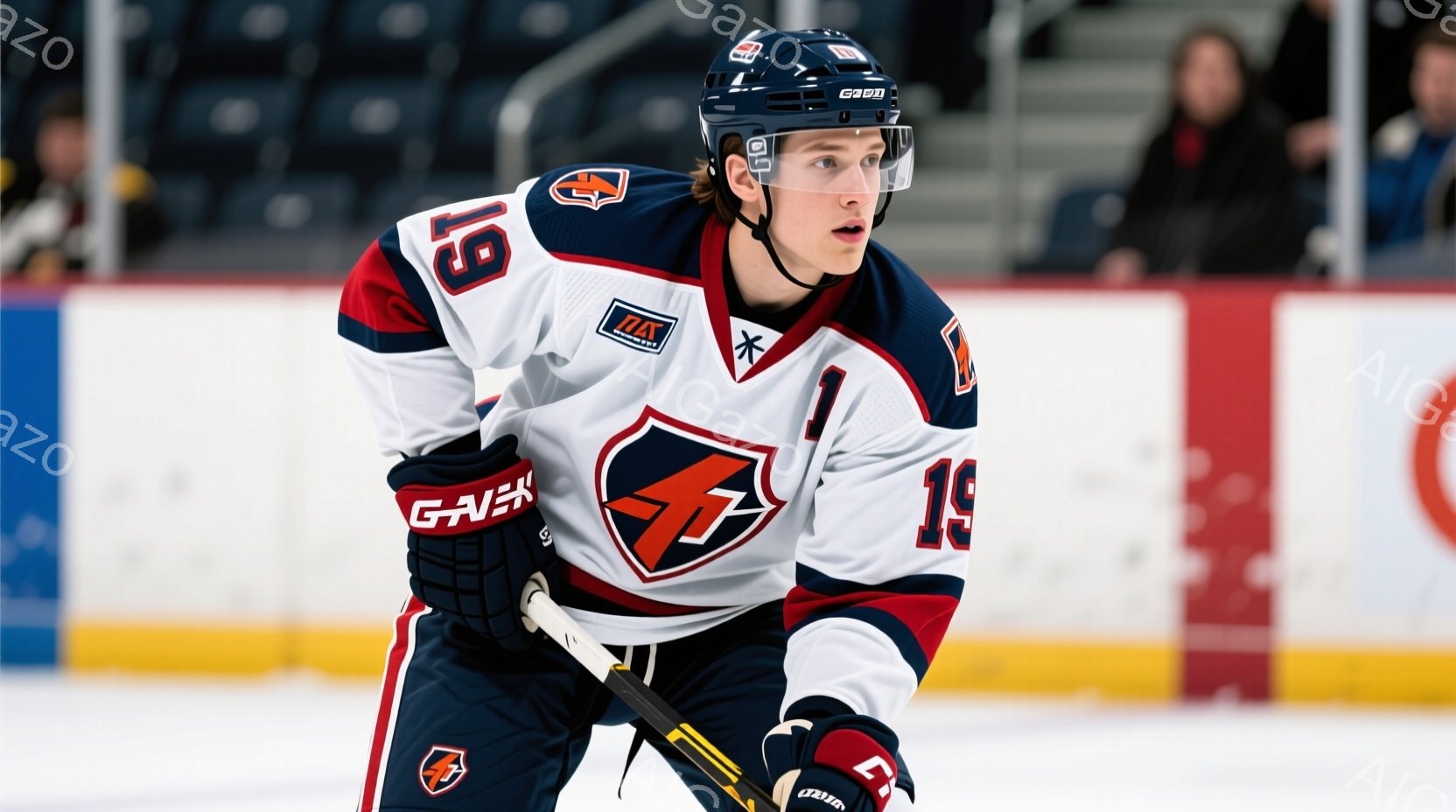 白いアイスホッケーのジャージを着た若い男性選手が写っている。ジャージは赤と黒の縁取りがあり、胸にはチームのロゴが大きく描かれている。選手はアイスリンク上でスケートをしており、集中した表情で前を見据えている。