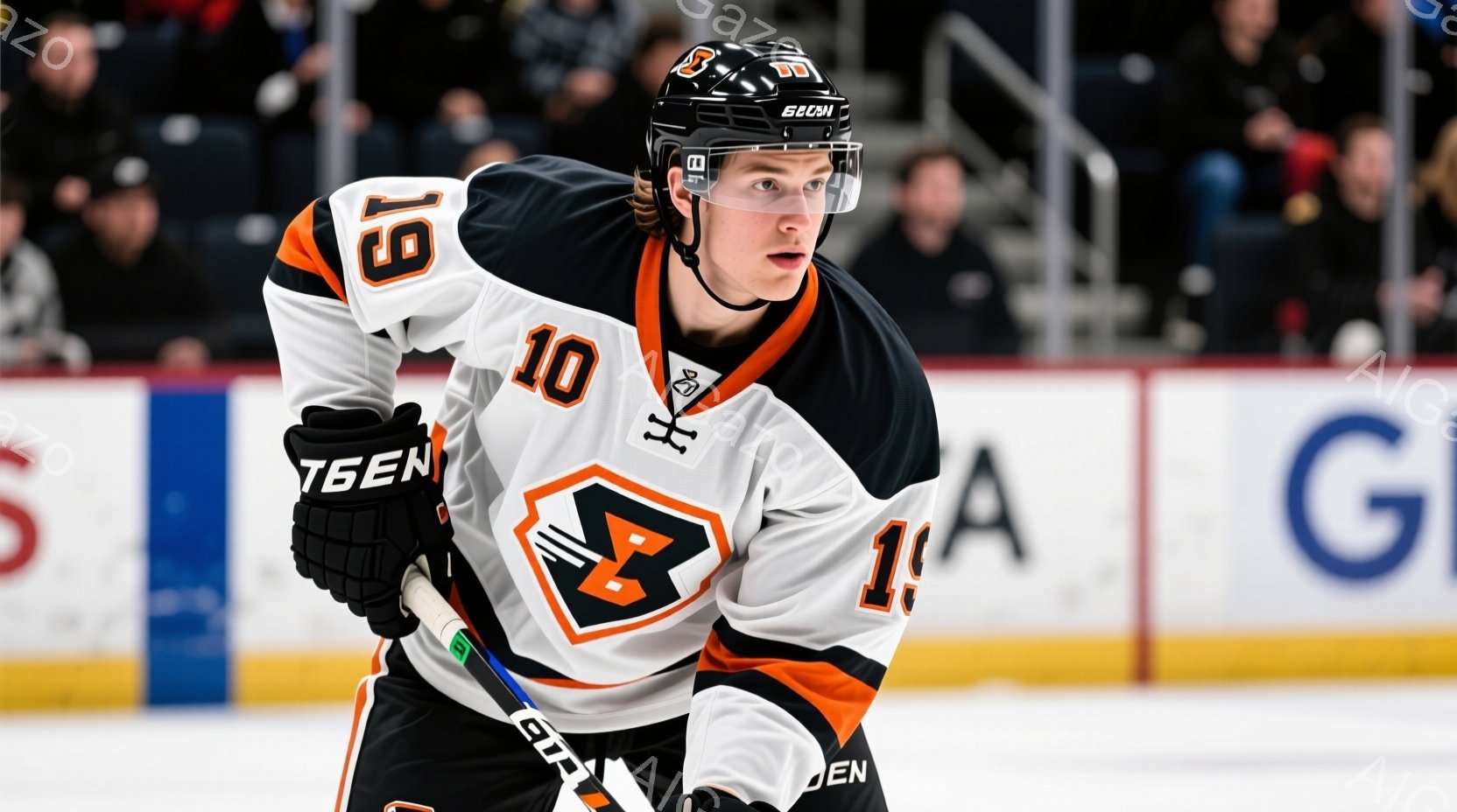 アイスホッケー選手が試合中に写っている。彼は白を基調とした黒とオレンジの装飾が施されたユニフォームを着ており、頭にはヘルメットを着用、黒い手袋とスティックを持っています。背景にはぼやけた観客席とアイス - AI生成フリー素材