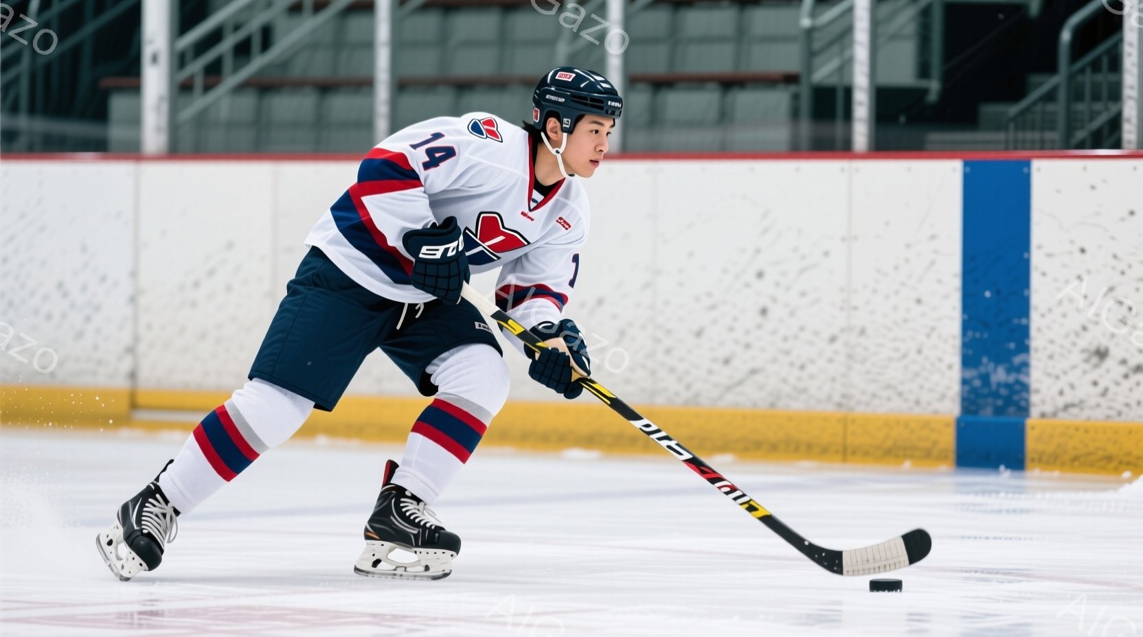 アイスホッケー選手がリンク上でプレーしている様子が写っている。彼は白、赤、紺色のユニフォームを着用し、黒いヘルメットを被り、集中した表情でスティックを構えている。背景はアイスリンクで、リンクの壁は青と - AI生成フリー素材