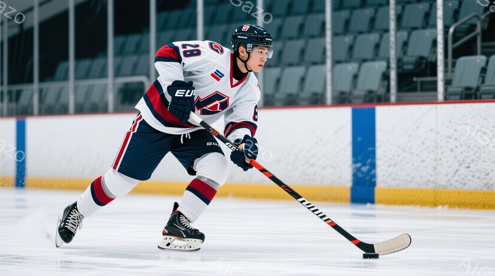 アイスホッケー選手がリンク上でスティックを構え、プレーに集中した表情を見せている。選手は紺色と赤のストライプが入ったユニフォーム、ヘルメットを着用し、黒髪をヘルメットの下に隠している。背景には観客席と - AI生成フリー素材