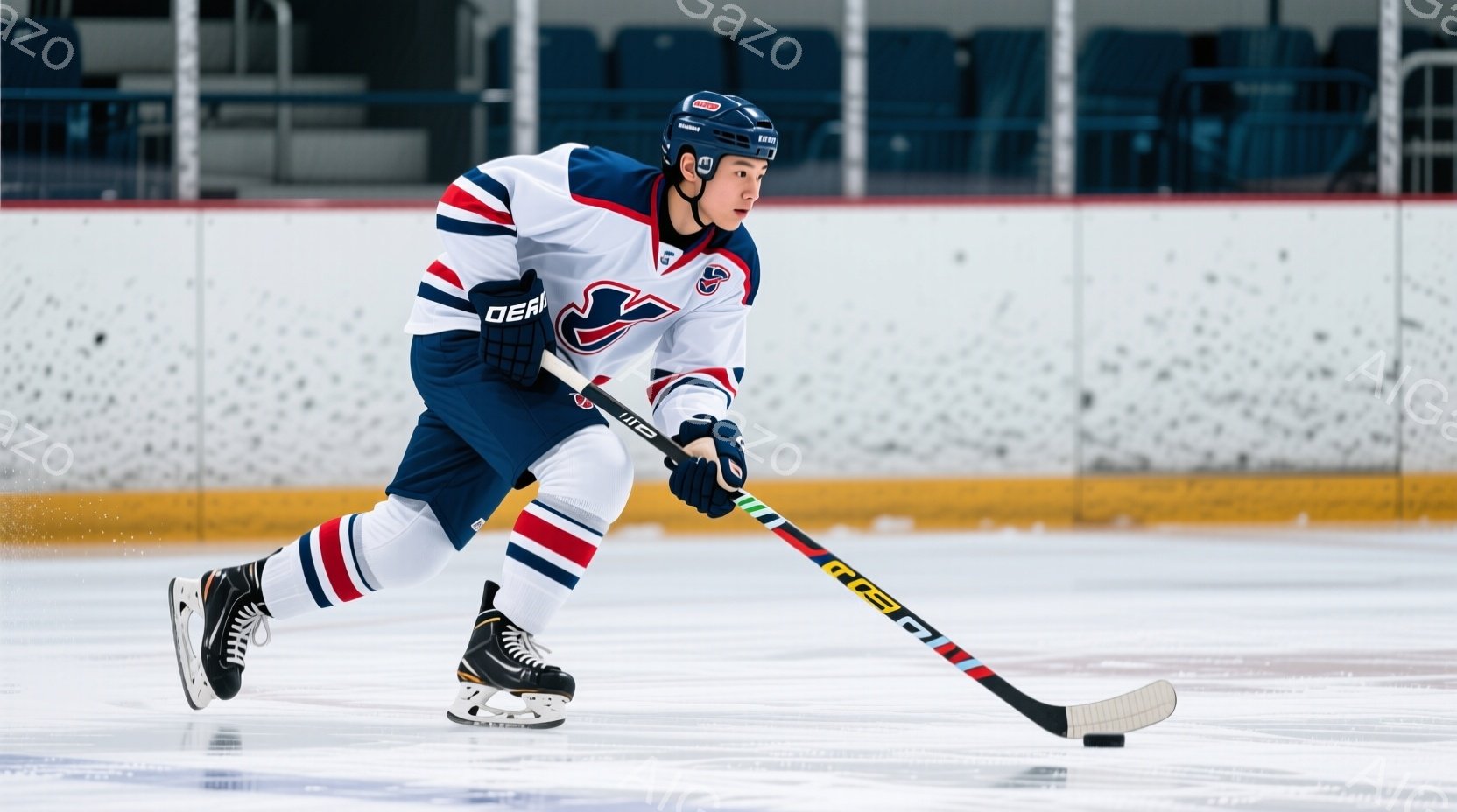 アイスホッケー選手がリンク上を滑走している様子が写っている。紺色と赤色のストライプが入った白いユニフォームを着用し、黒いヘルメットを被っている。リンクは明るく、選手は集中した表情で、スティックを構えな - AI生成フリー素材